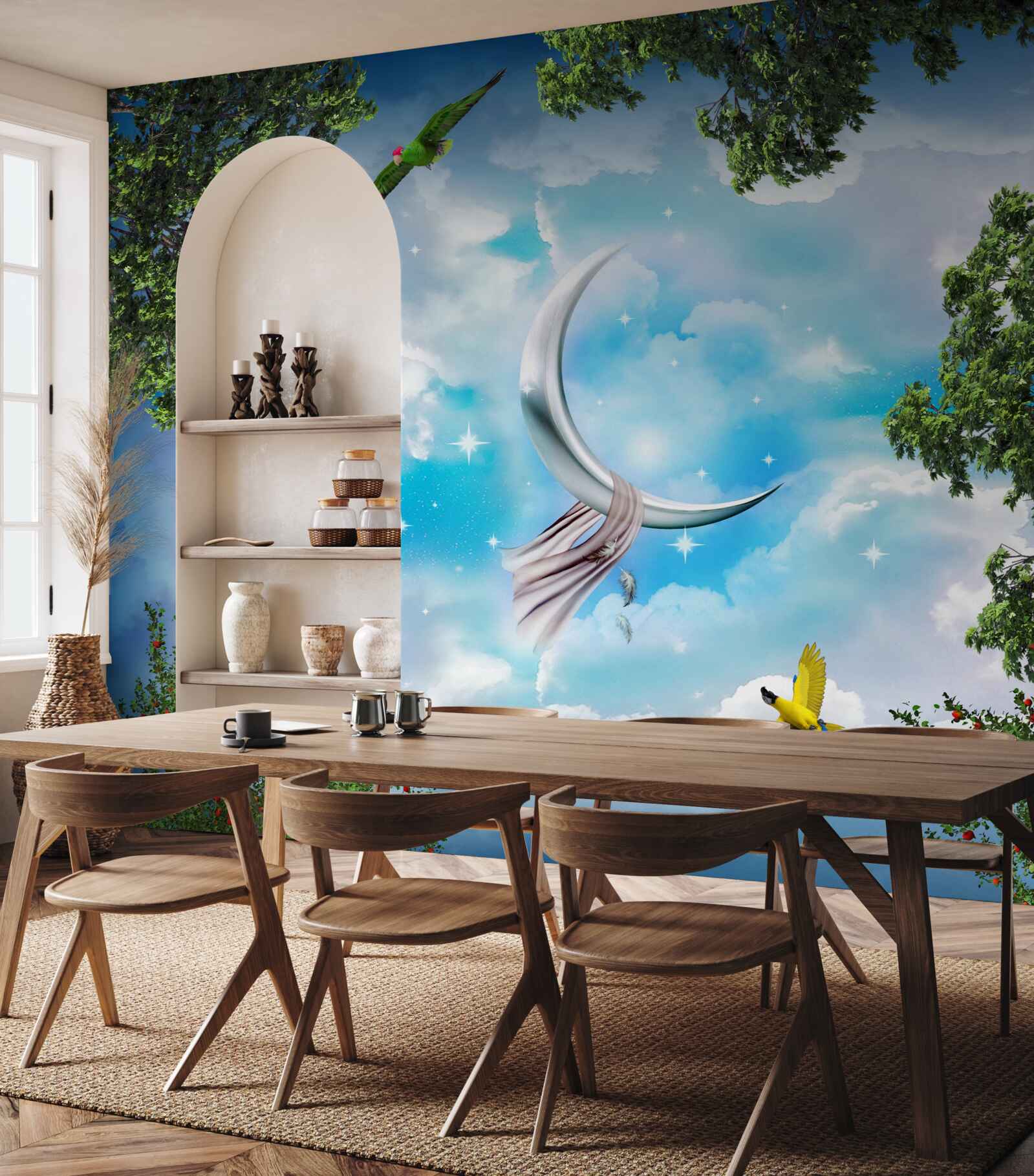 Fototapeta z lesa vidno mesiac ako z rozprávky