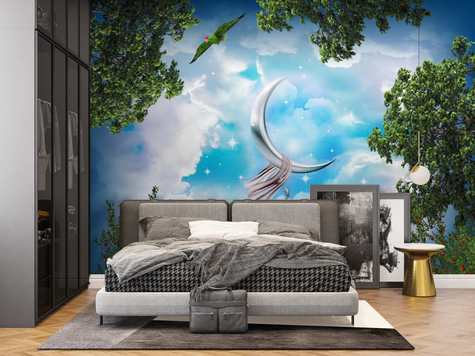 Fototapeta z lesa vidno mesiac ako z rozprávky