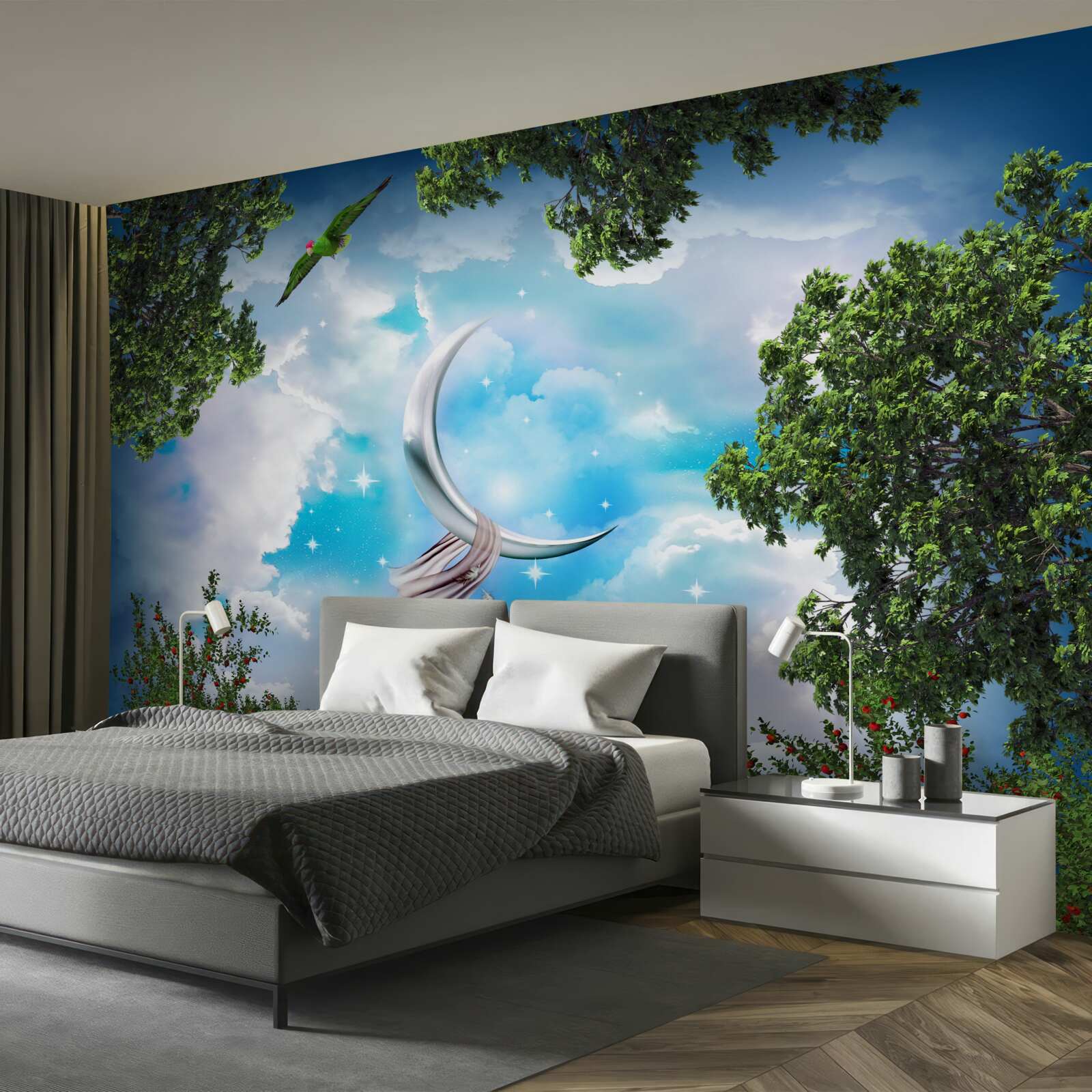 Fototapeta z lesa vidno mesiac ako z rozprávky