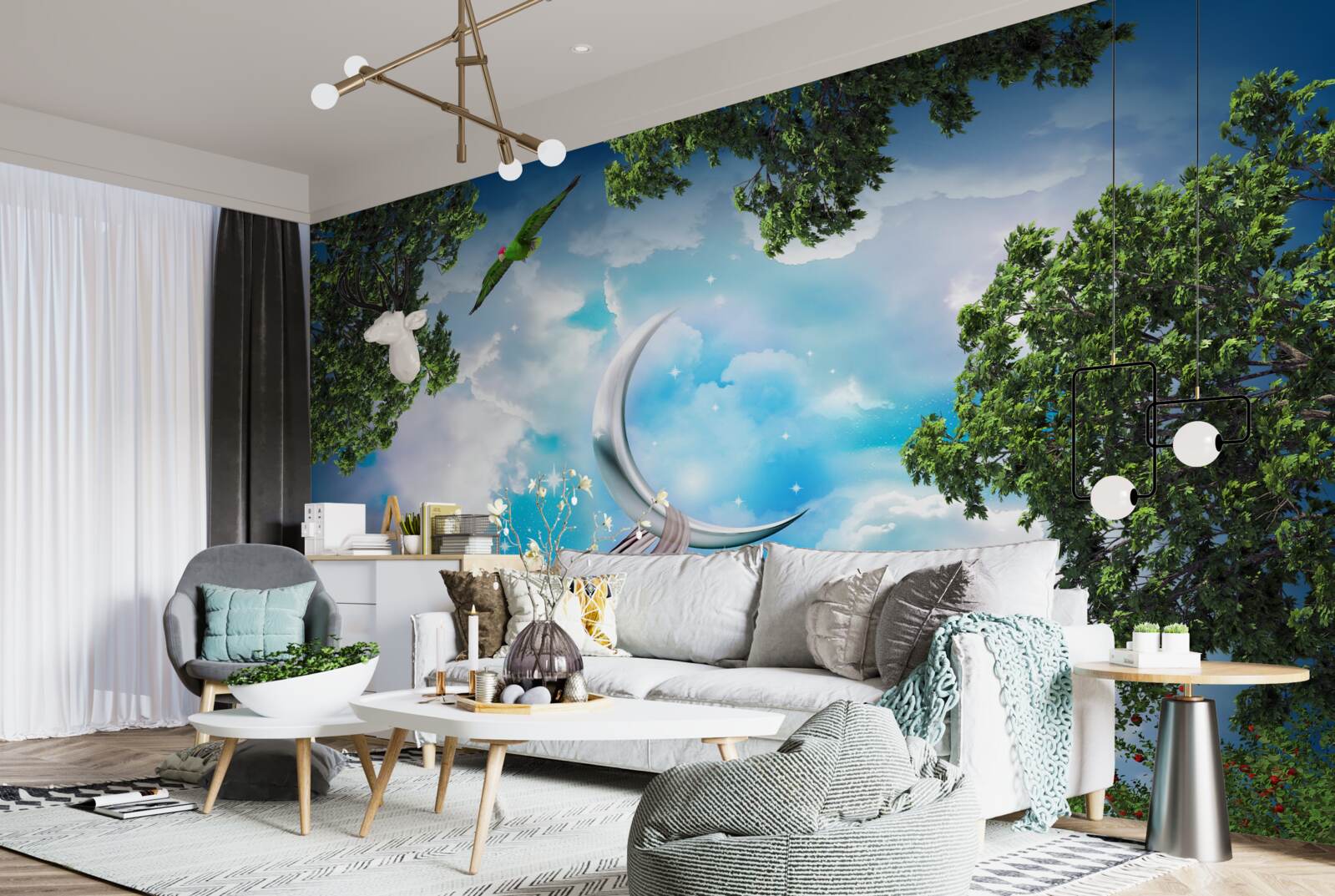 Fototapeta z lesa vidno mesiac ako z rozprávky