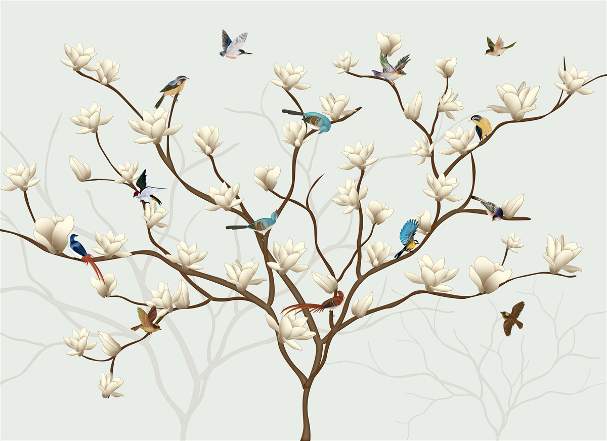 Fototapeta magnólia je bielej farby a obývajú ju rôzne vtáky