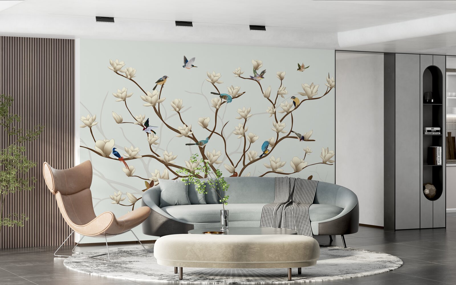 Fototapeta magnólia je bielej farby a obývajú ju rôzne vtáky