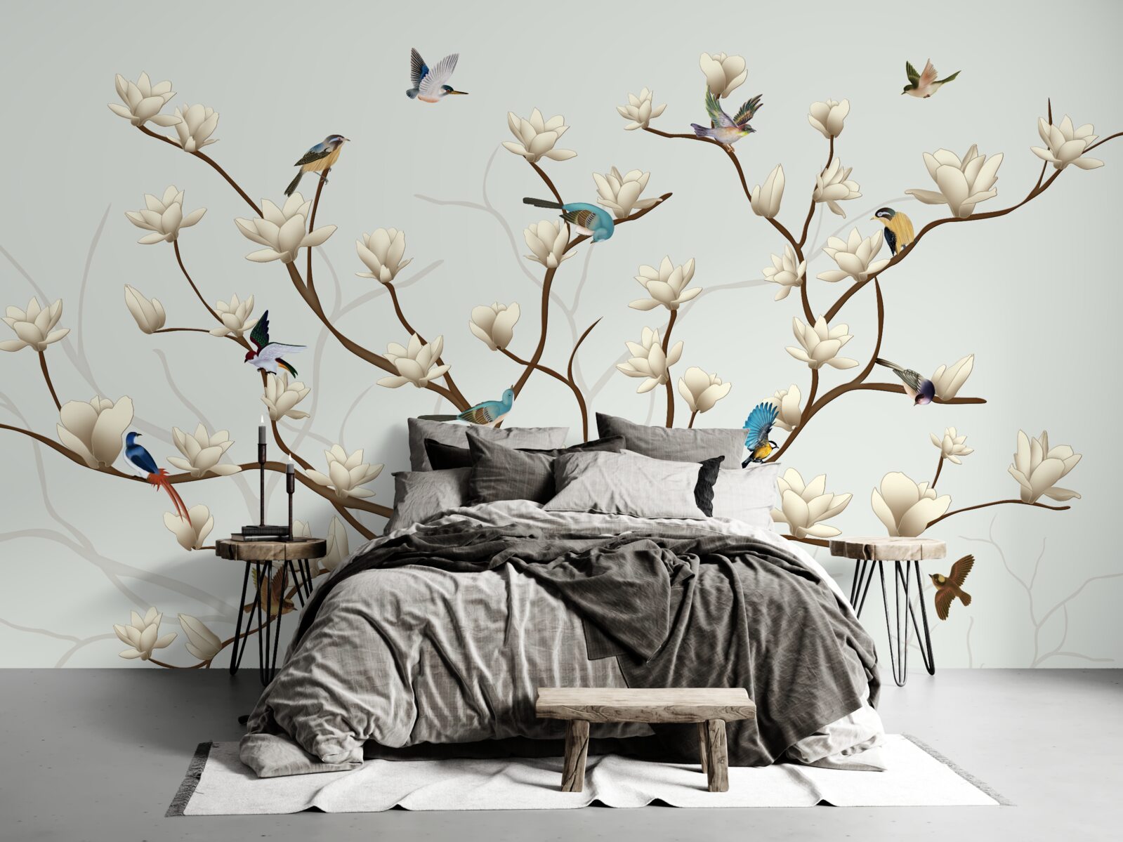 Fototapeta magnólia je bielej farby a obývajú ju rôzne vtáky