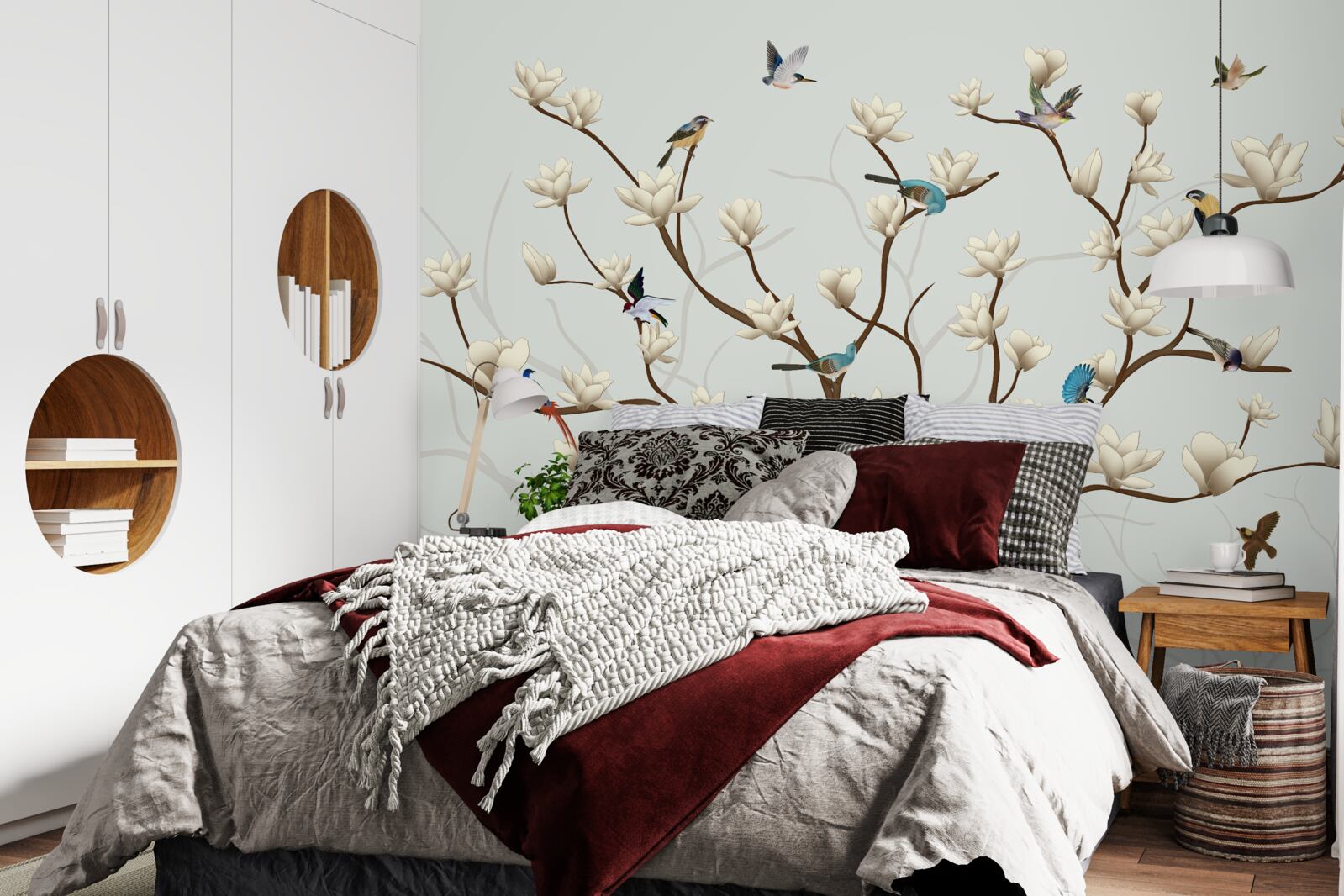 Fototapeta magnólia je bielej farby a obývajú ju rôzne vtáky