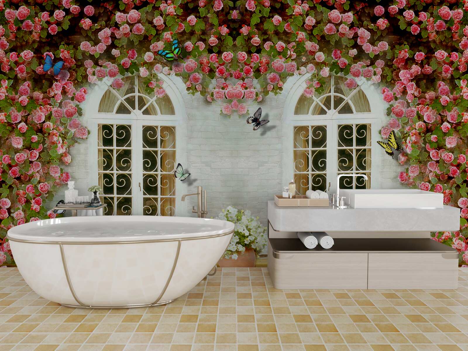 Fototapeta okná sú obklopené rozkvitnutými ružami