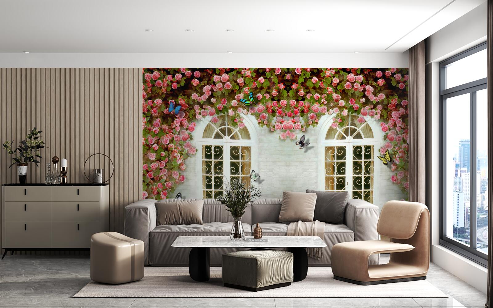 Fototapeta okná sú obklopené rozkvitnutými ružami