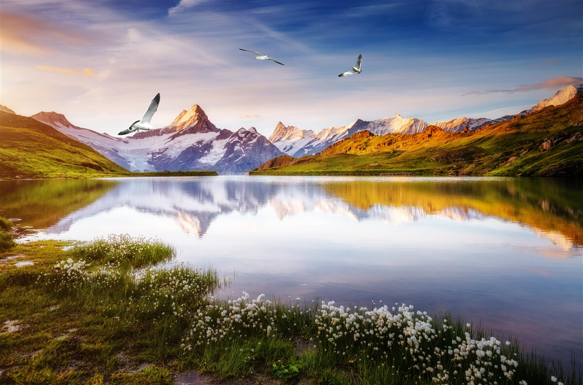 Fototapeta západ slnka nad horskou riekou