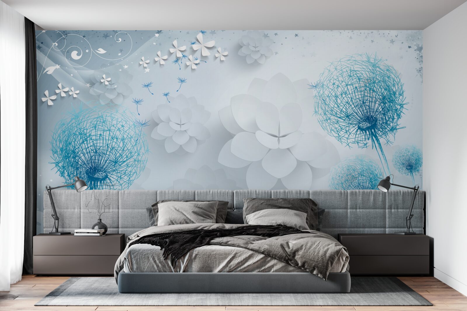 Fototapeta škála odtieňov modrej s kvetmi