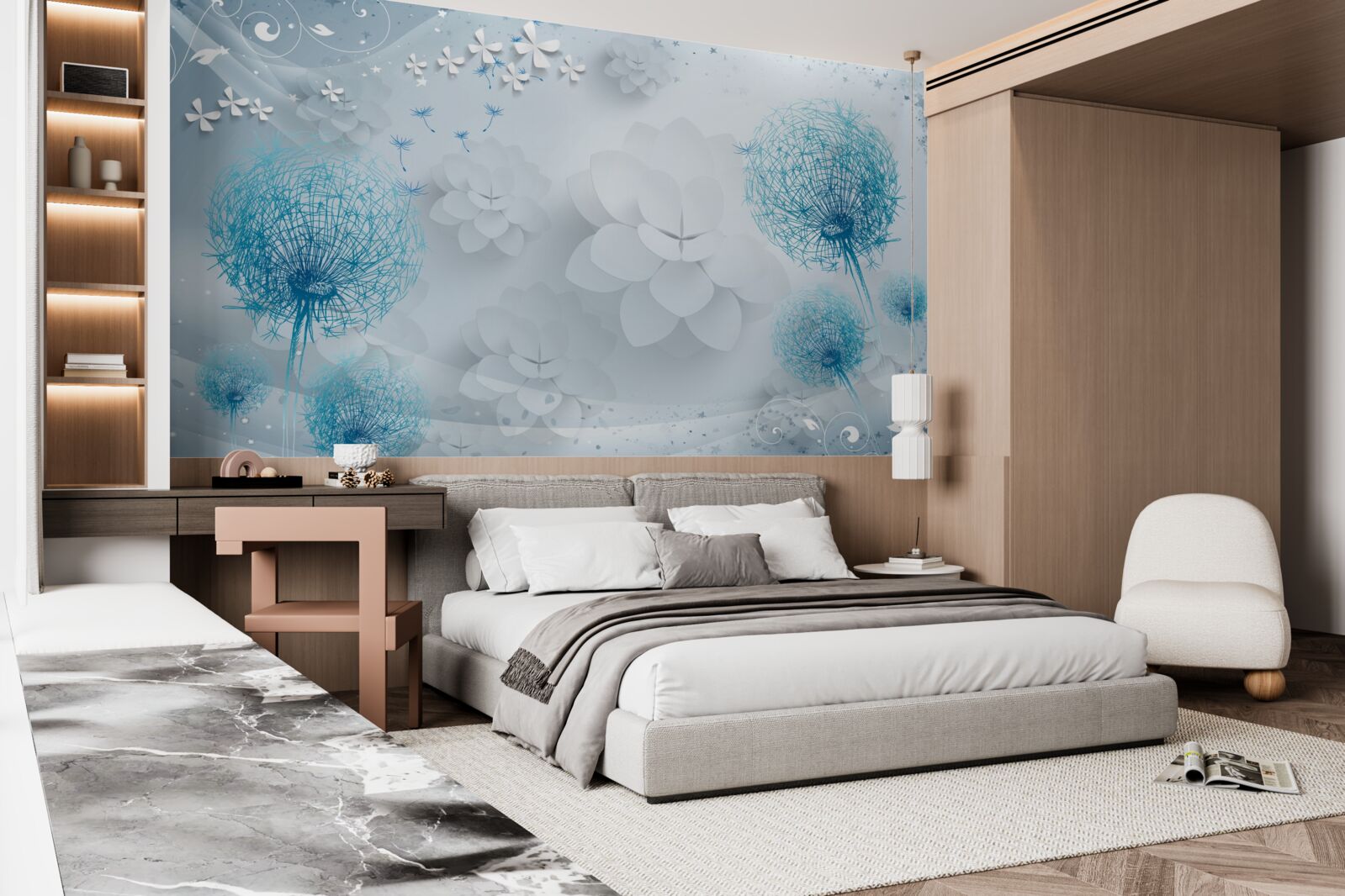 Fototapeta škála odtieňov modrej s kvetmi