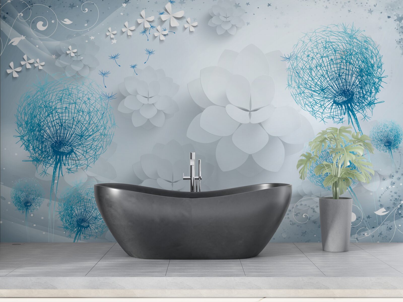 Fototapeta škála odtieňov modrej s kvetmi