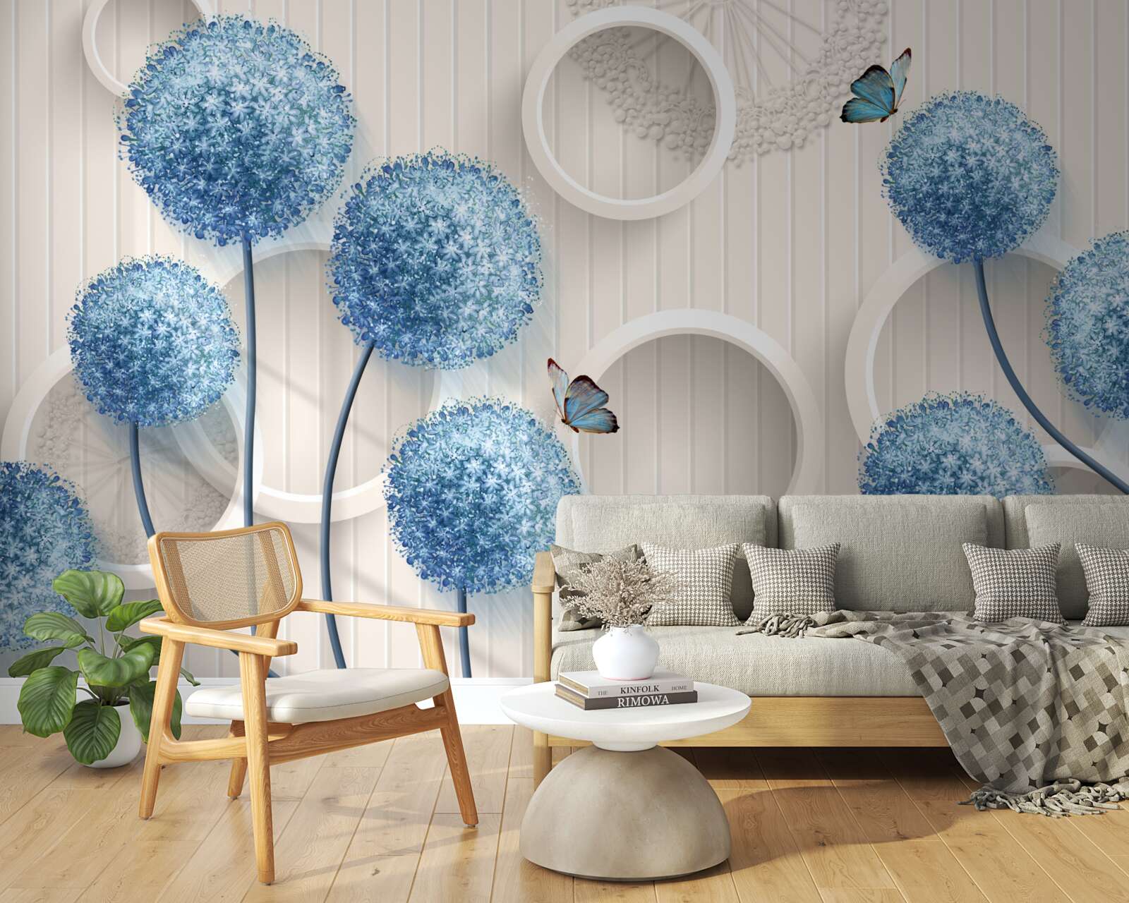 Fototapeta motýle a modré kvety sú zobrazené na bielom pozadí