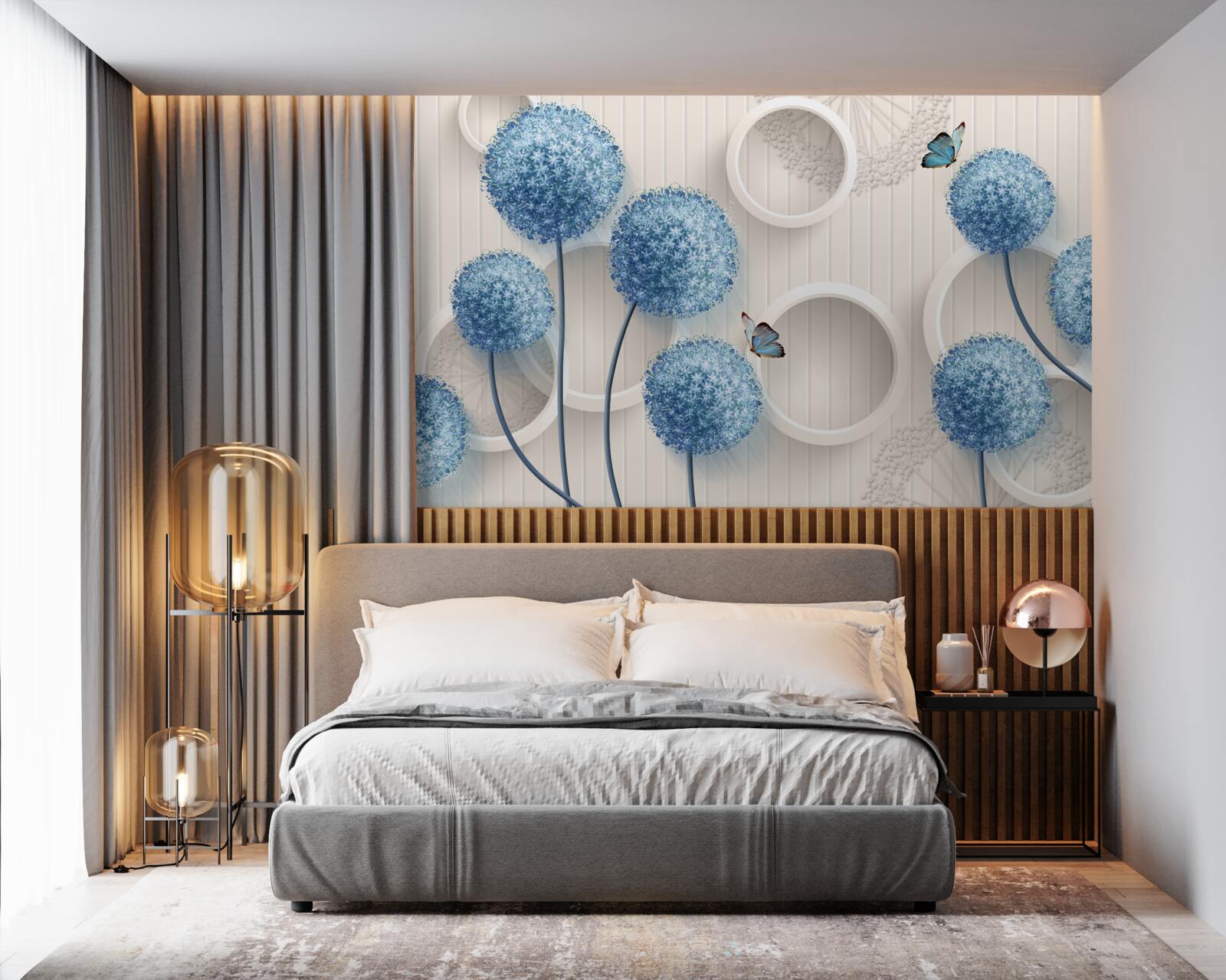 Fototapeta motýle a modré kvety sú zobrazené na bielom pozadí