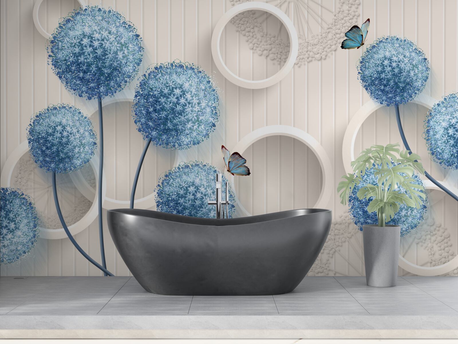 Fototapeta motýle a modré kvety sú zobrazené na bielom pozadí