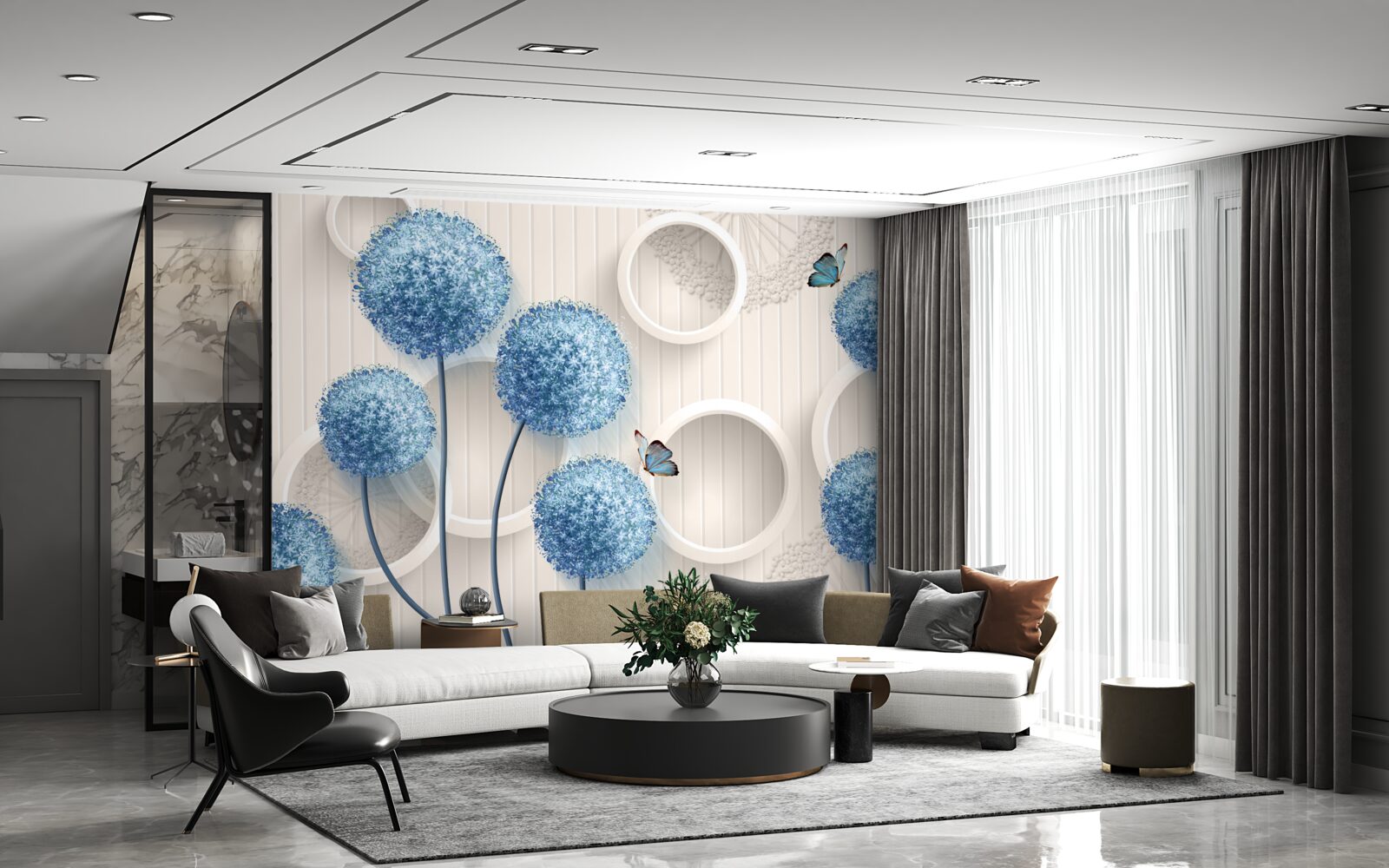 Fototapeta motýle a modré kvety sú zobrazené na bielom pozadí