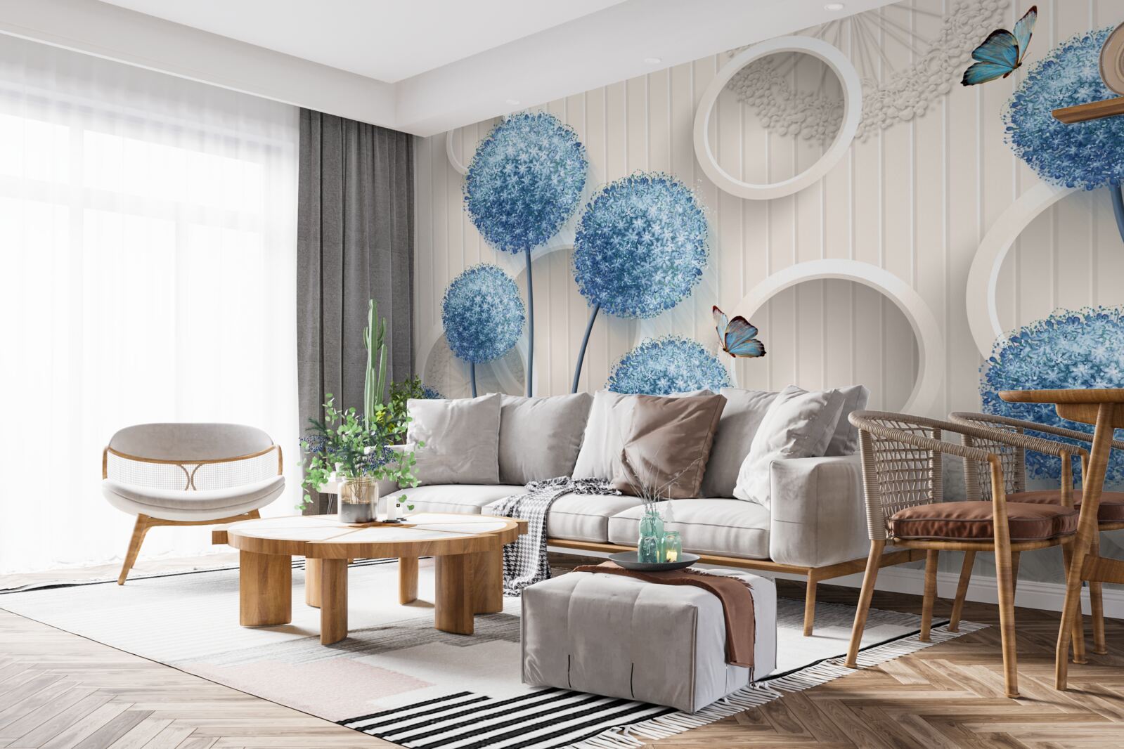 Fototapeta motýle a modré kvety sú zobrazené na bielom pozadí