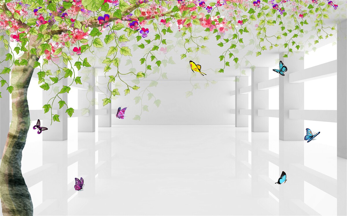 Fototapeta okolo rozkvitnutého stromu na chodbe sa potulujú motýle