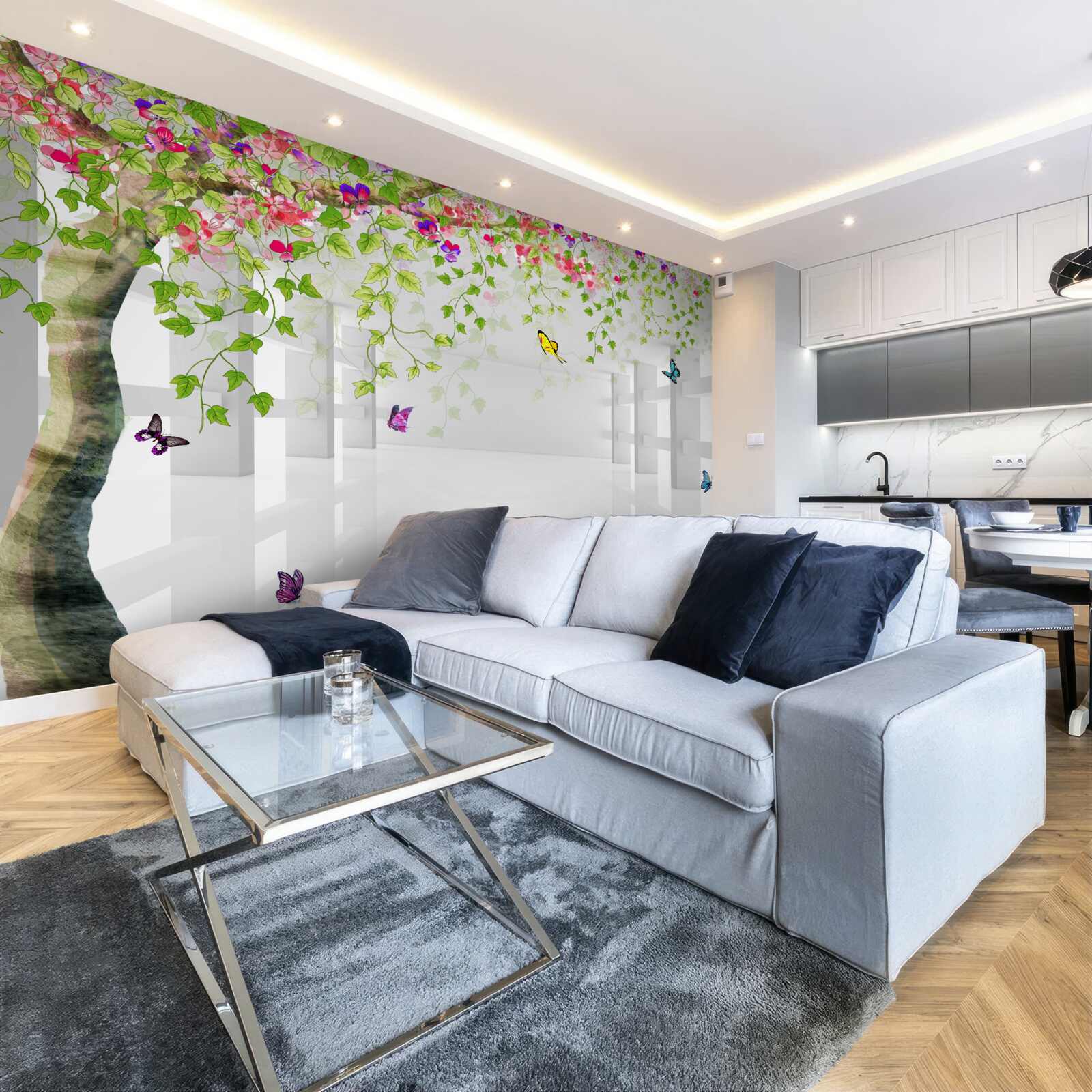 Fototapeta okolo rozkvitnutého stromu na chodbe sa potulujú motýle