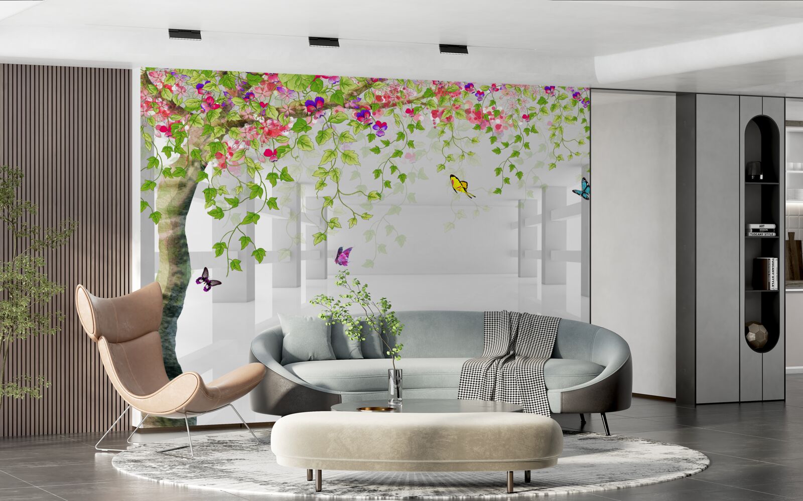 Fototapeta okolo rozkvitnutého stromu na chodbe sa potulujú motýle