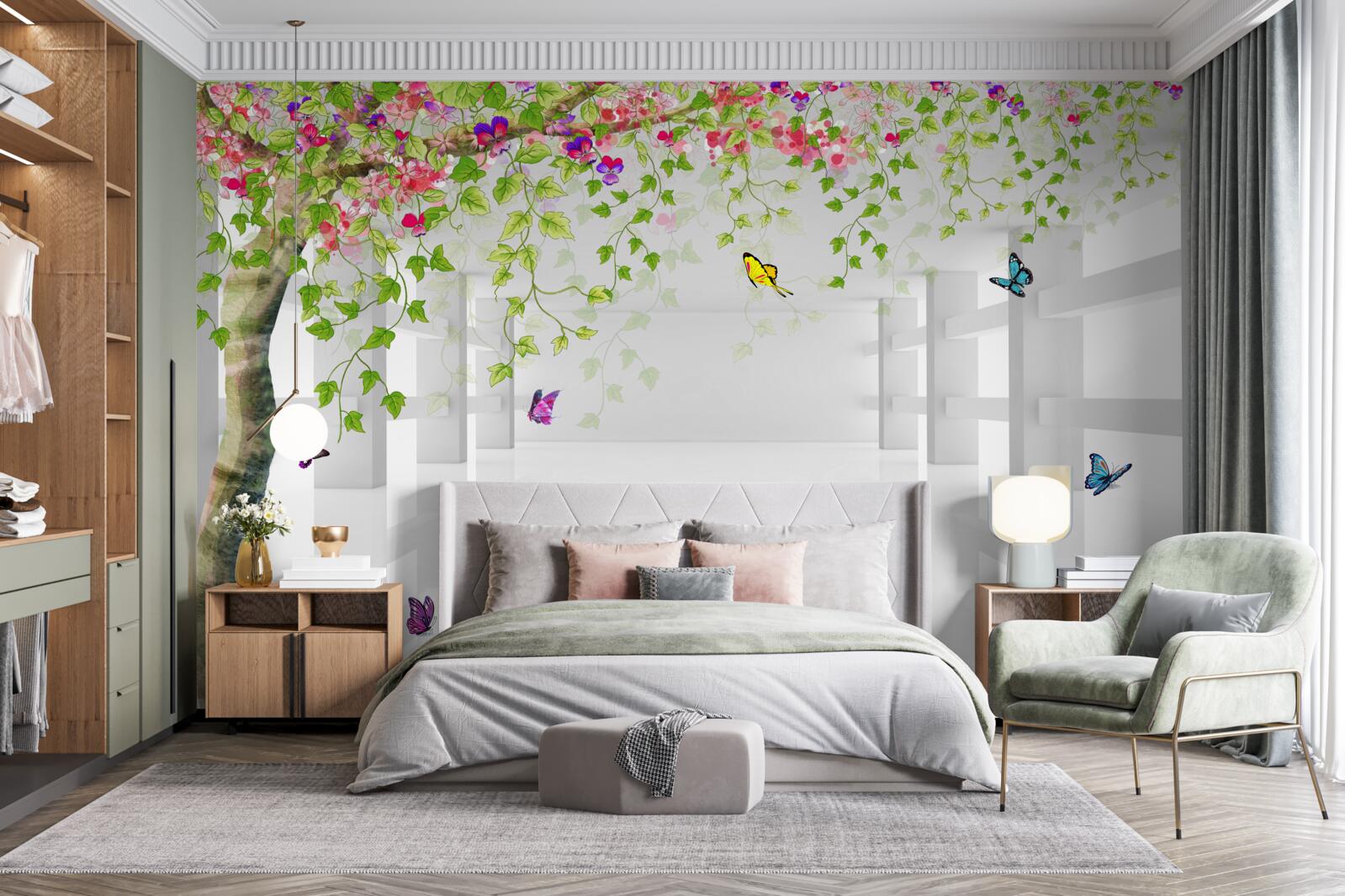 Fototapeta okolo rozkvitnutého stromu na chodbe sa potulujú motýle