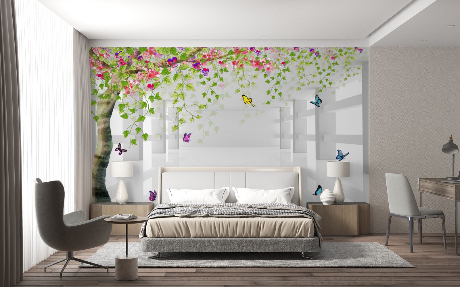Fototapeta okolo rozkvitnutého stromu na chodbe sa potulujú motýle
