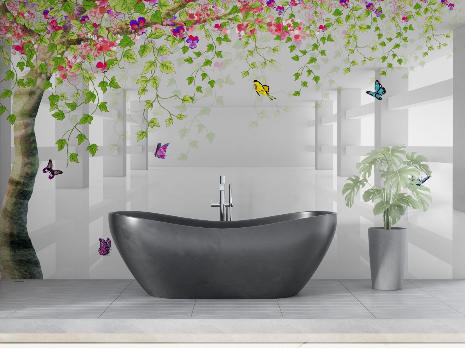 Fototapeta okolo rozkvitnutého stromu na chodbe sa potulujú motýle