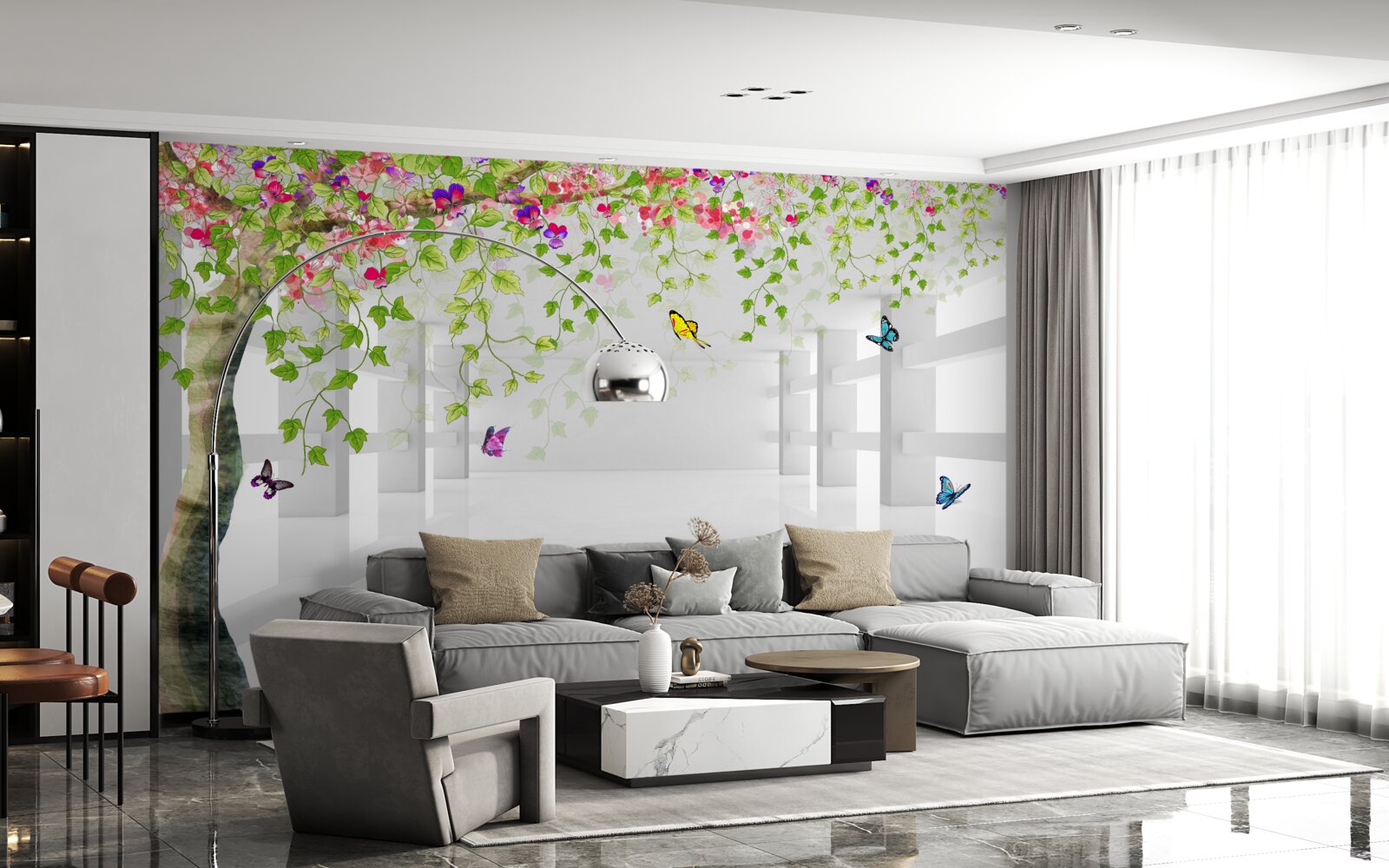 Fototapeta okolo rozkvitnutého stromu na chodbe sa potulujú motýle