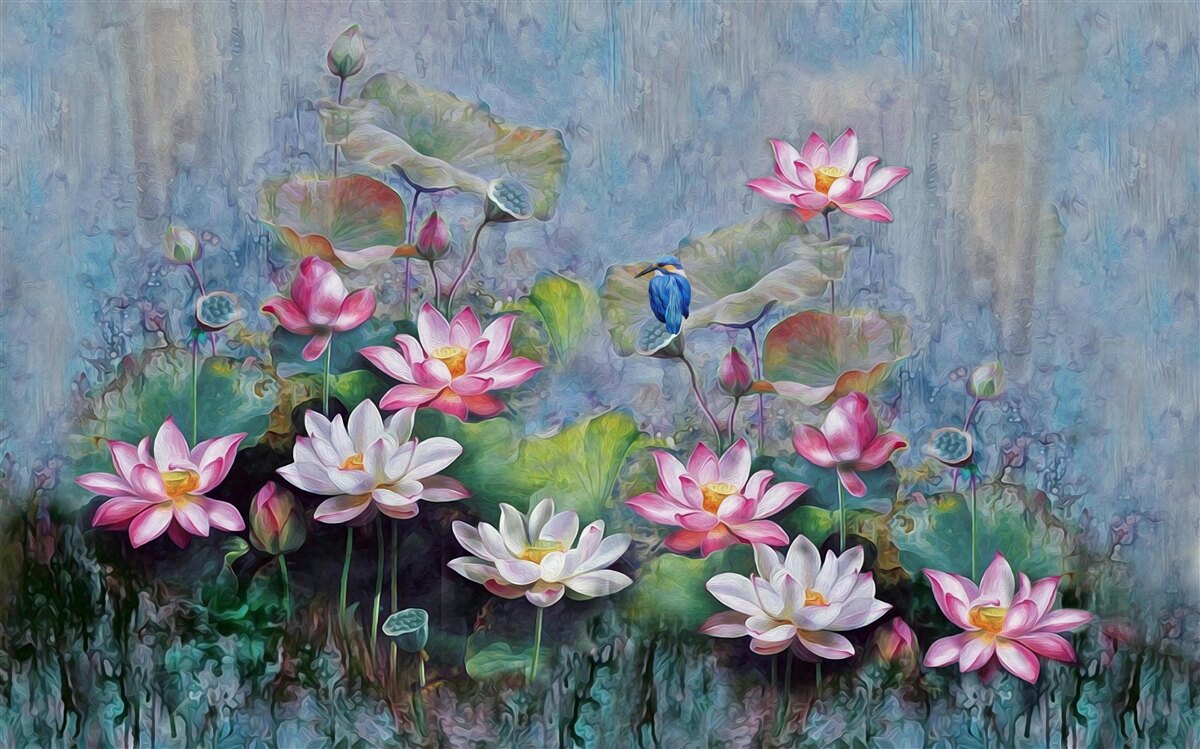 Fototapeta modrý vták medzi leknami