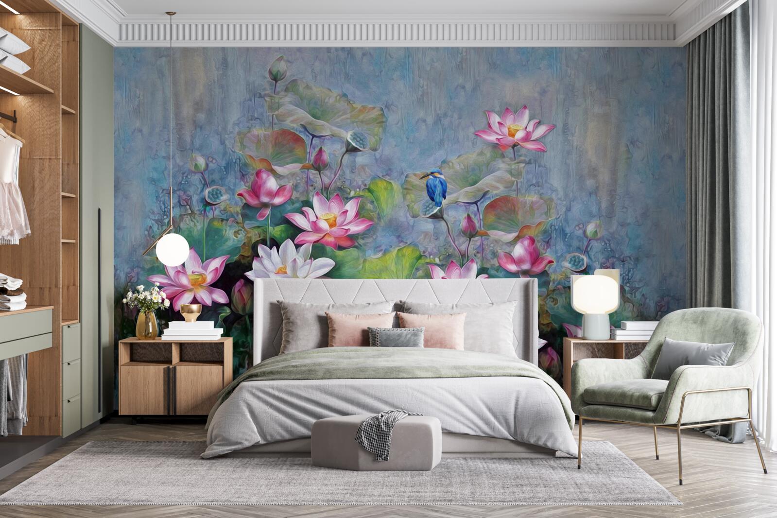 Fototapeta modrý vták medzi leknami