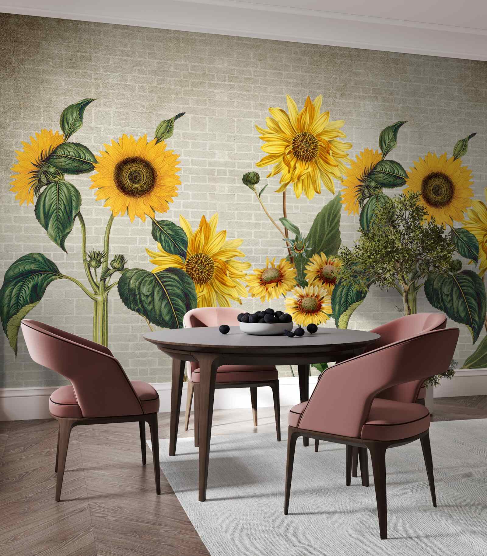 Fototapeta Tehlová stena so slnečnicami v popredí