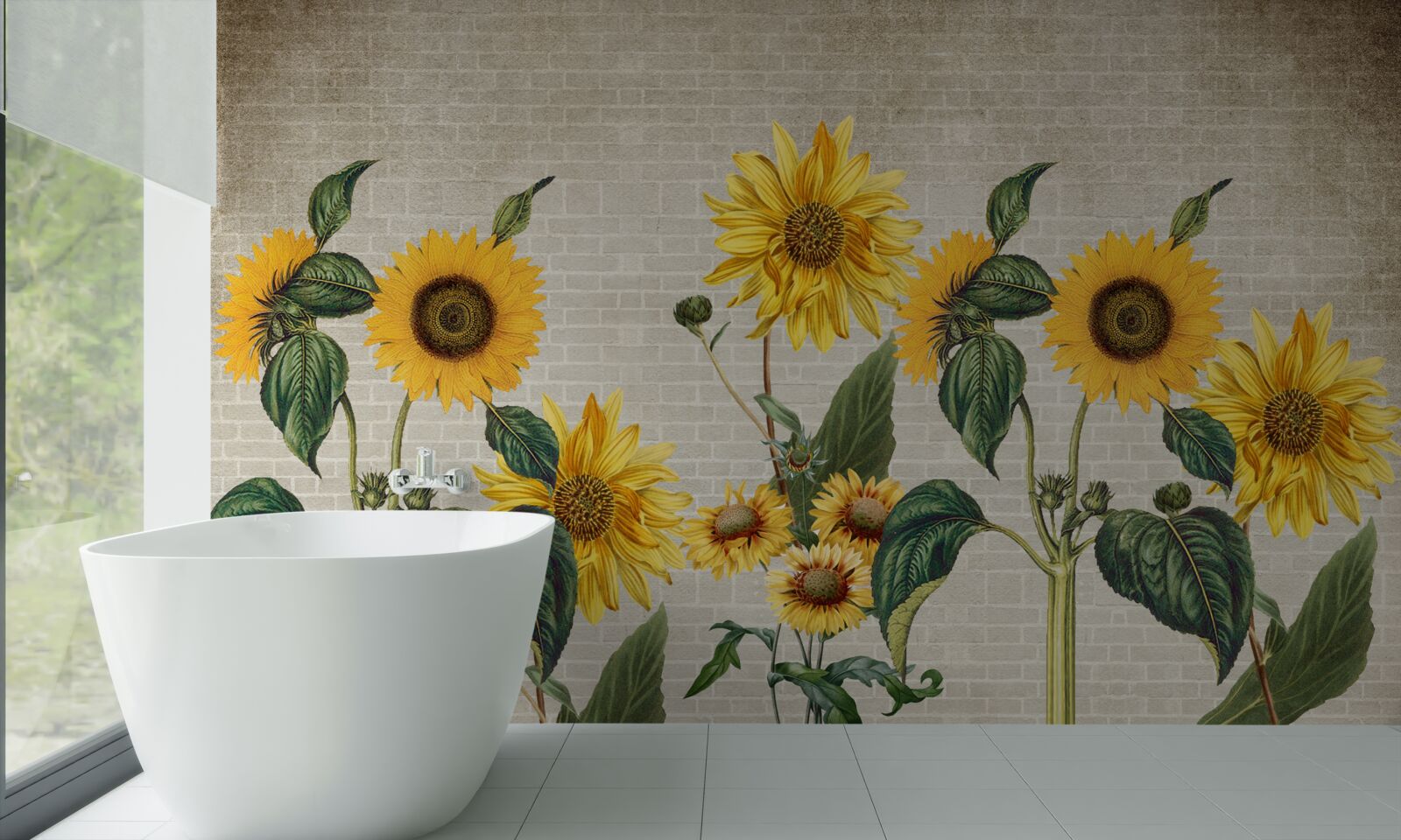 Fototapeta Tehlová stena so slnečnicami v popredí