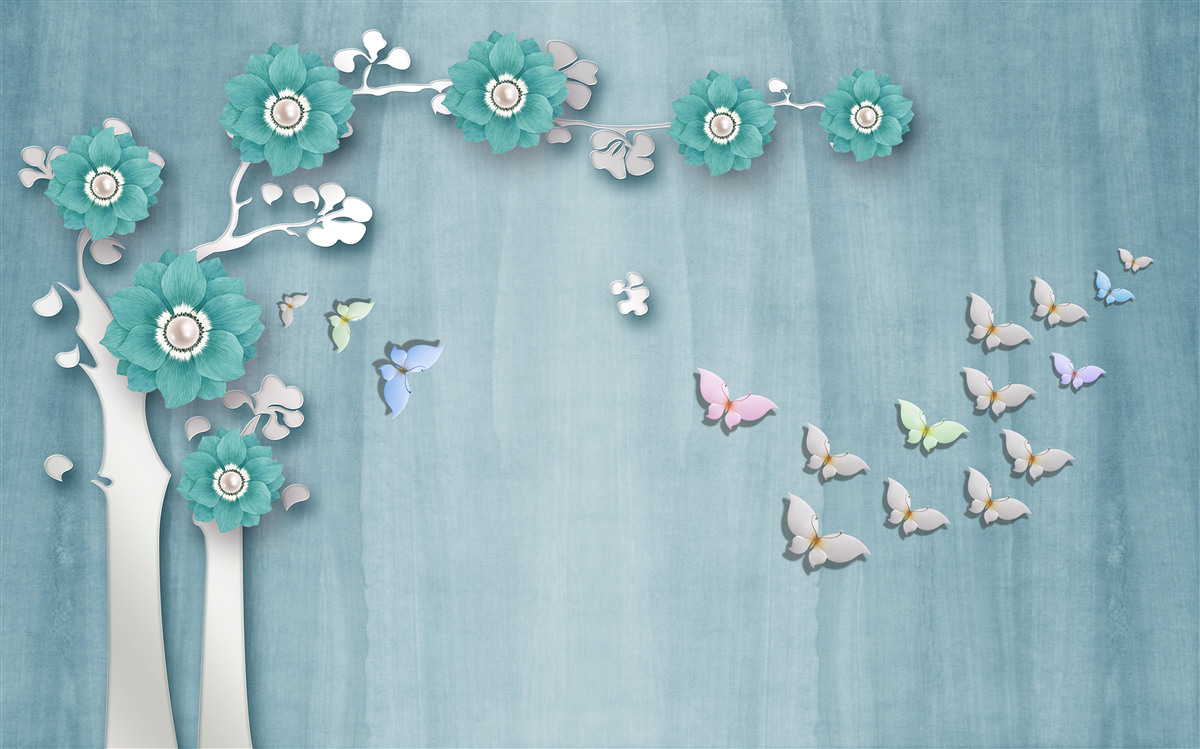 Fototapeta motýle a zelené kvety zdobiace stromček