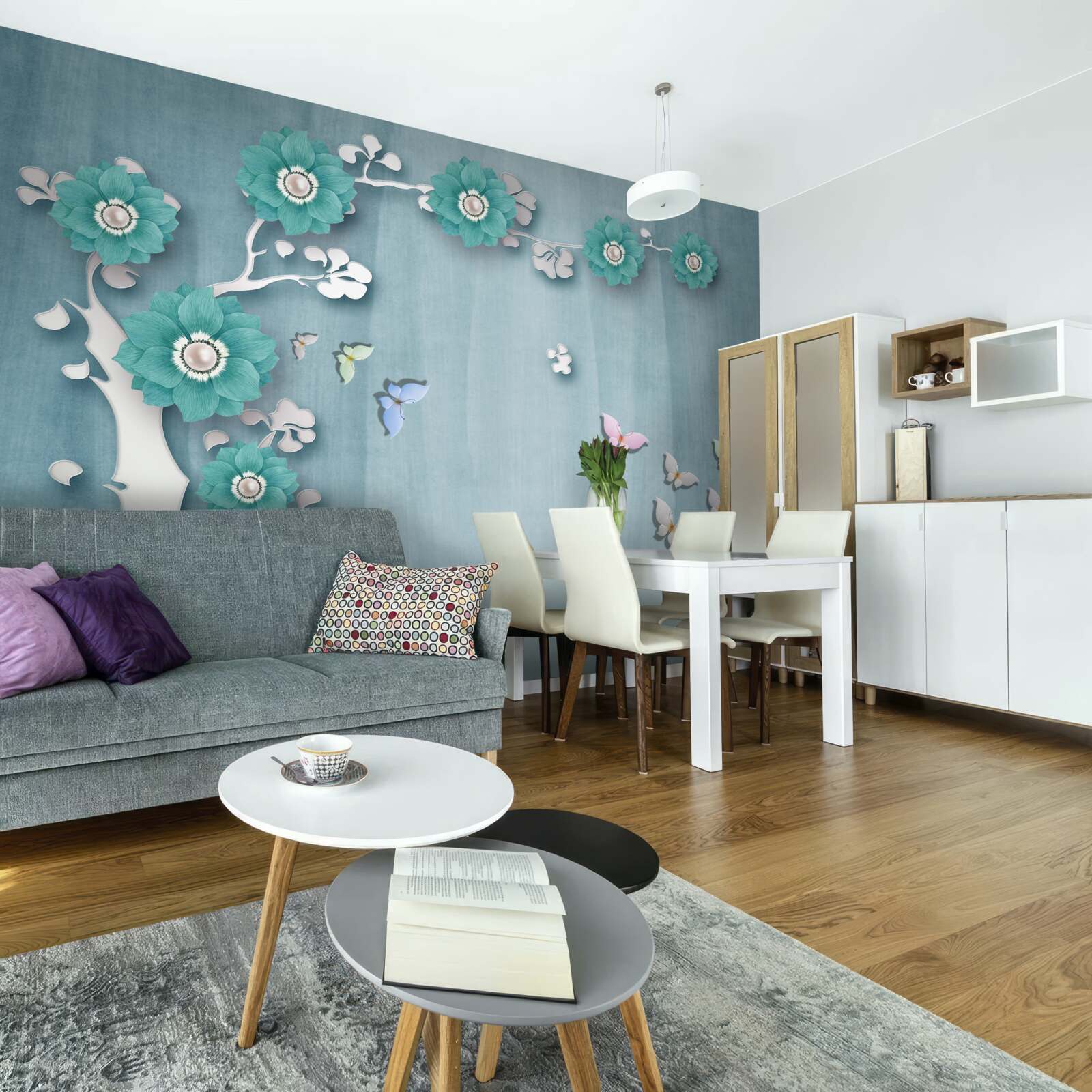 Fototapeta motýle a zelené kvety zdobiace stromček