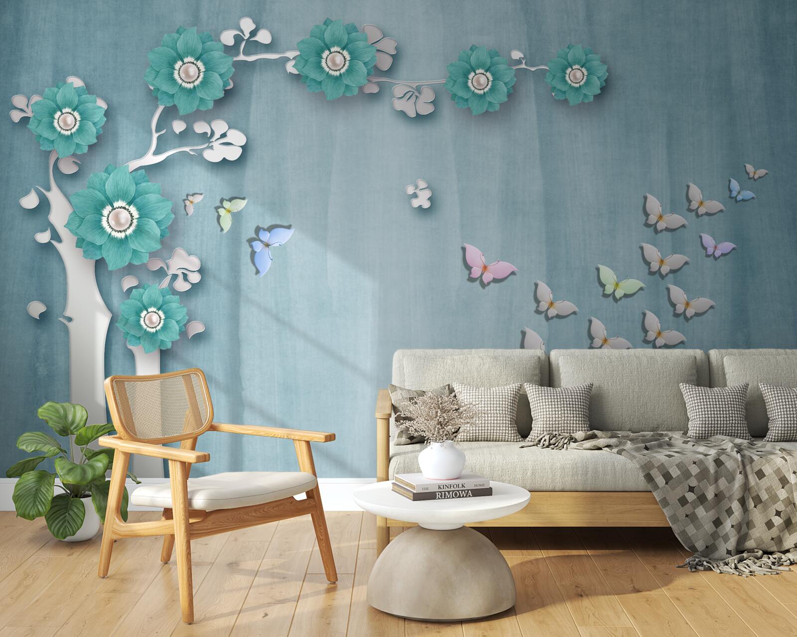 Fototapeta motýle a zelené kvety zdobiace stromček