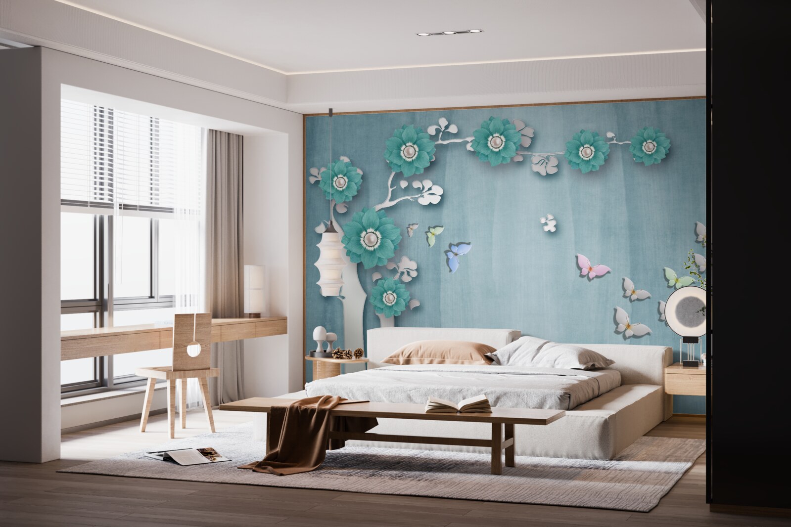 Fototapeta motýle a zelené kvety zdobiace stromček