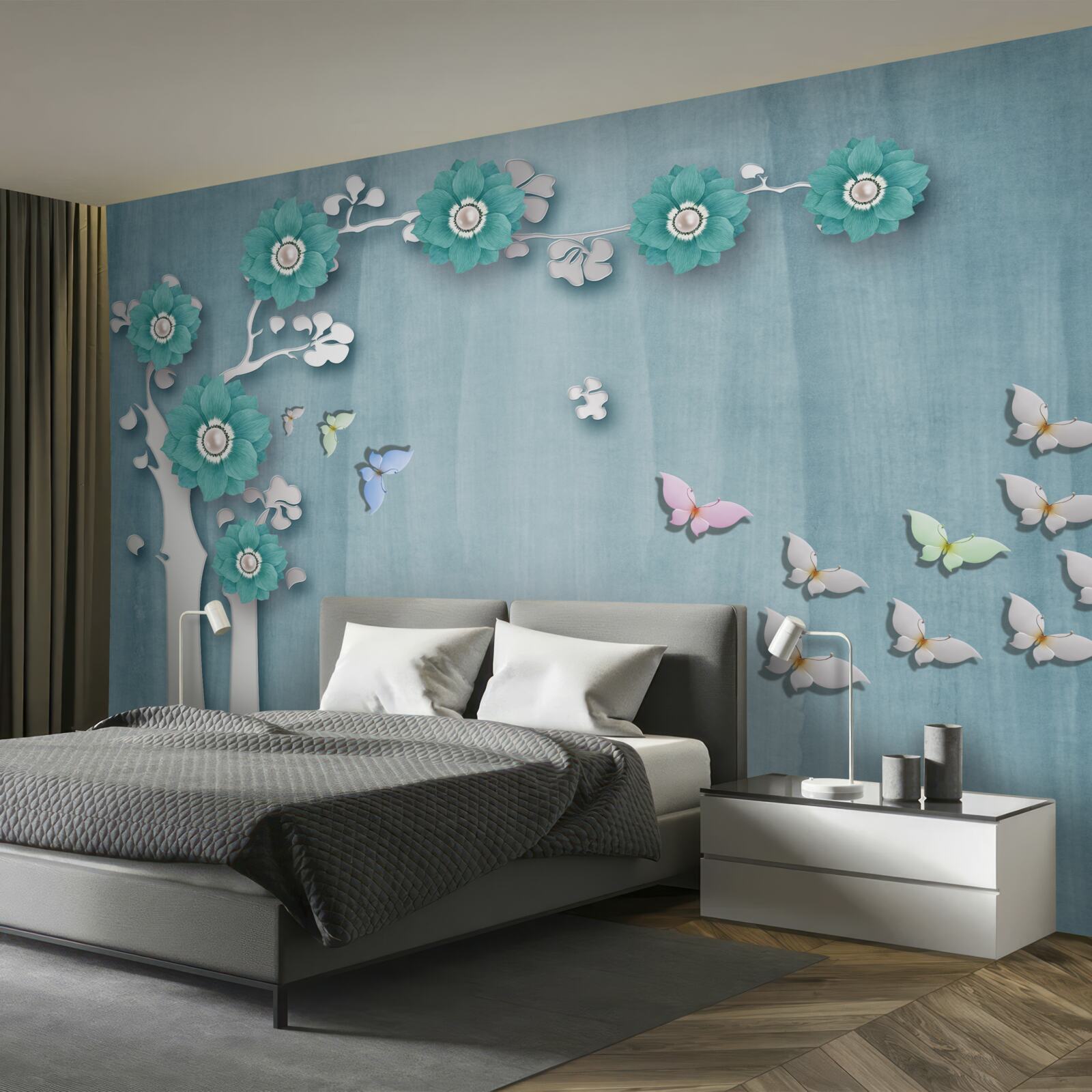 Fototapeta motýle a zelené kvety zdobiace stromček