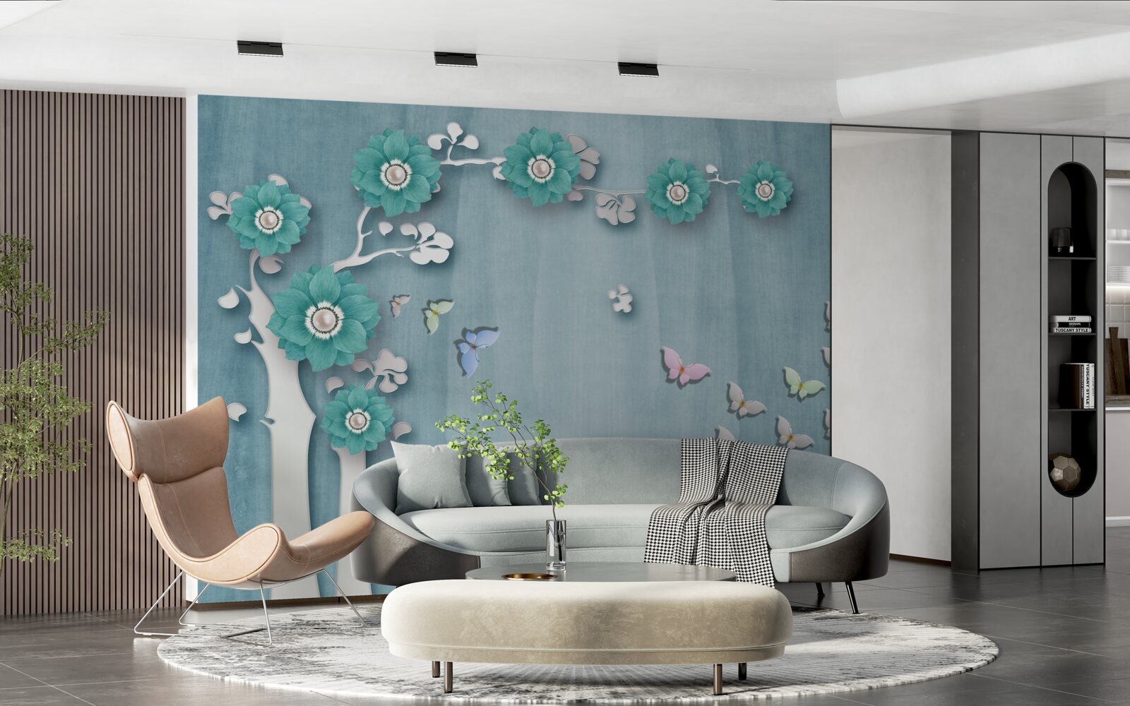 Fototapeta motýle a zelené kvety zdobiace stromček