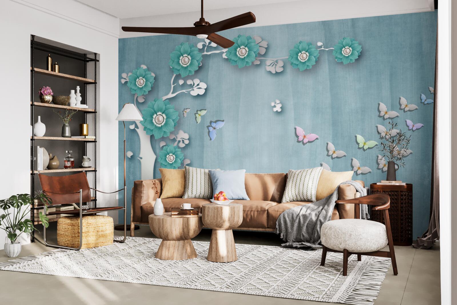 Fototapeta motýle a zelené kvety zdobiace stromček