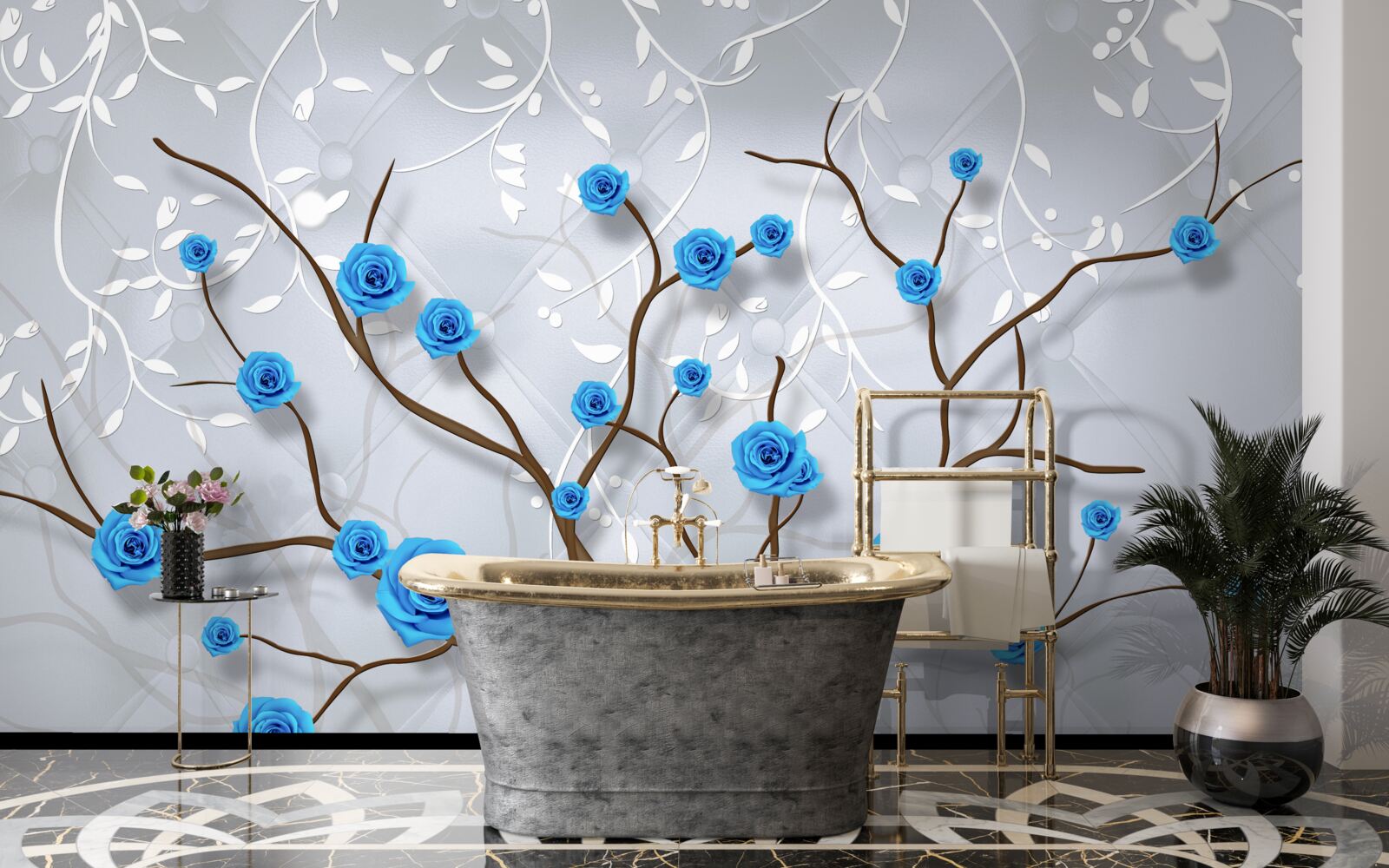 Fototapeta ružový strom s modrými kvetmi