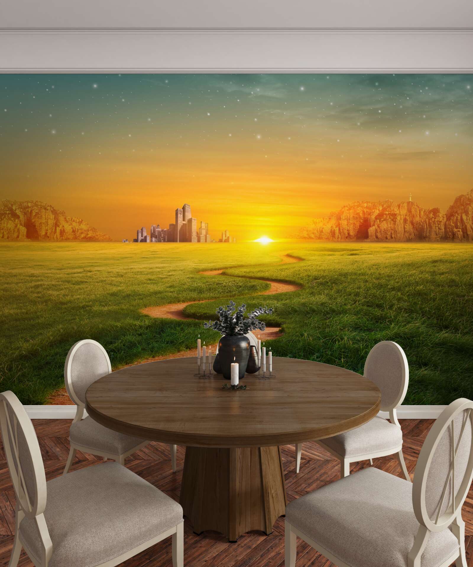 Fototapeta západ slnka nad rozsiahlymi poľami