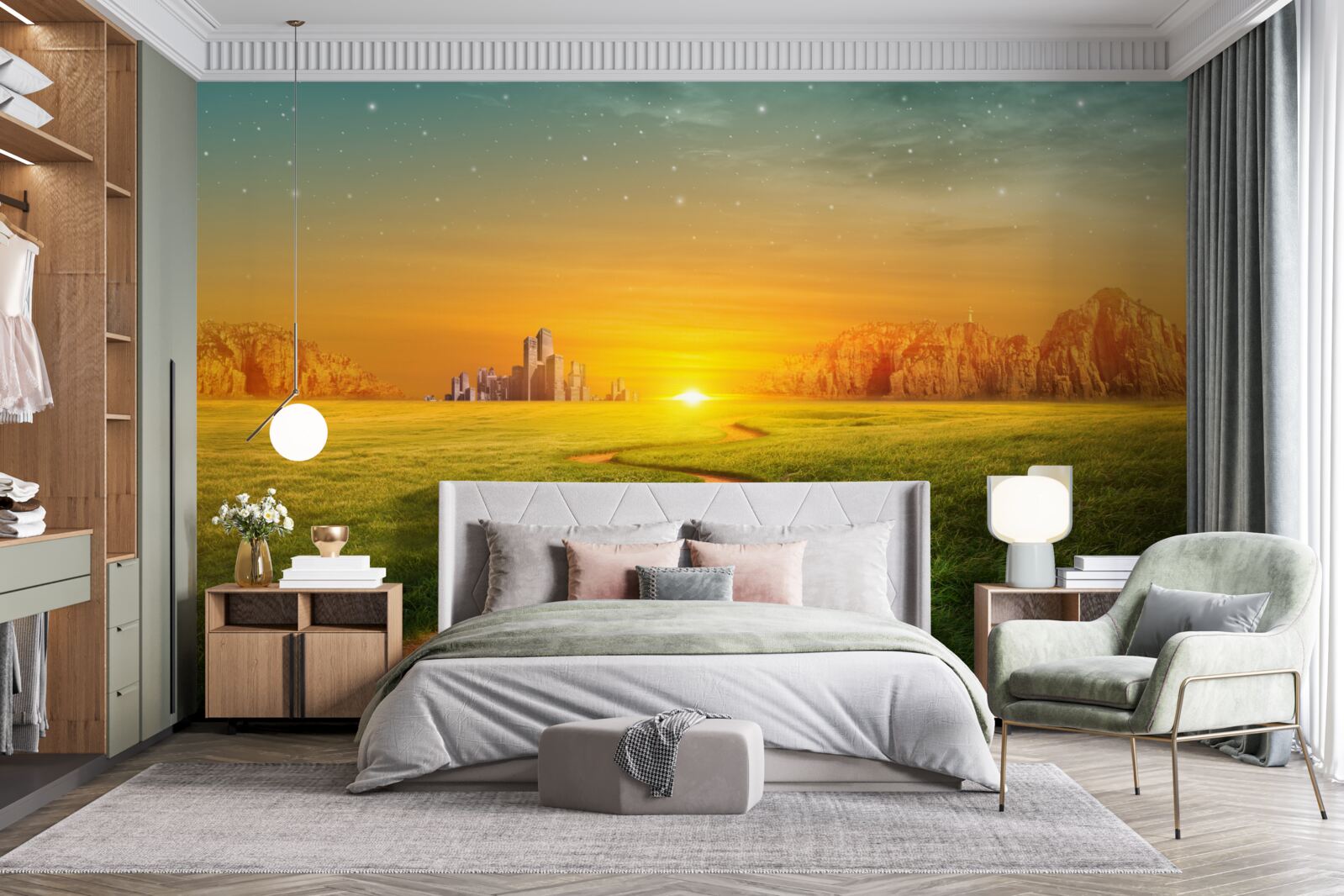 Fototapeta západ slnka nad rozsiahlymi poľami