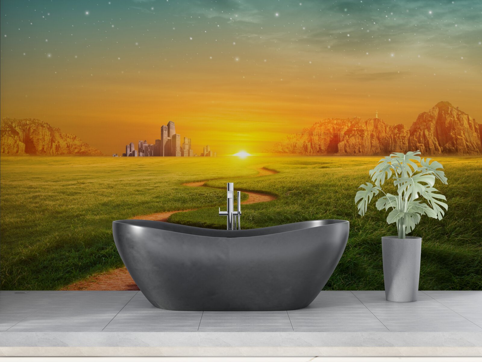 Fototapeta západ slnka nad rozsiahlymi poľami