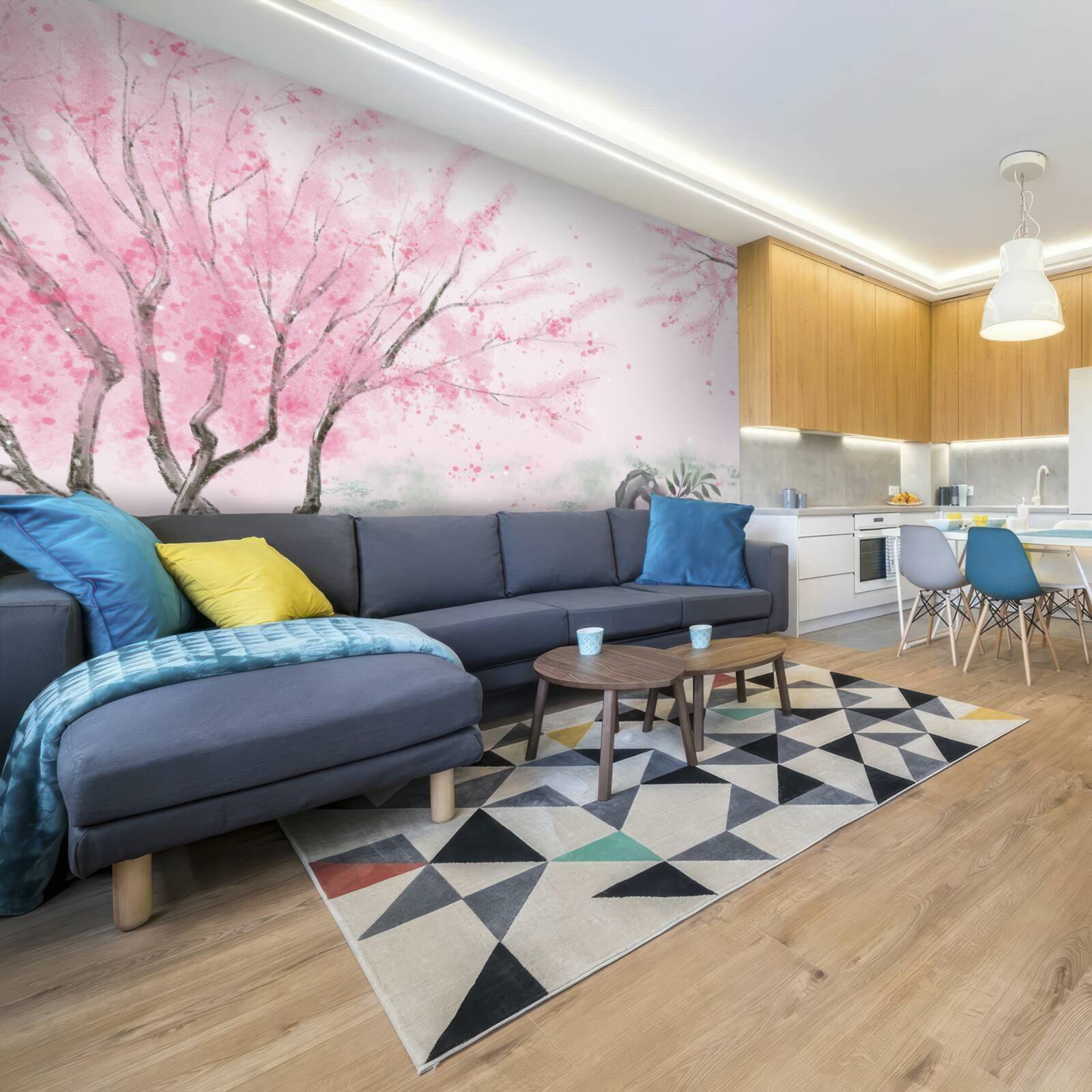 Fototapeta sakura pri jazierku je namaľovaná na ružovo