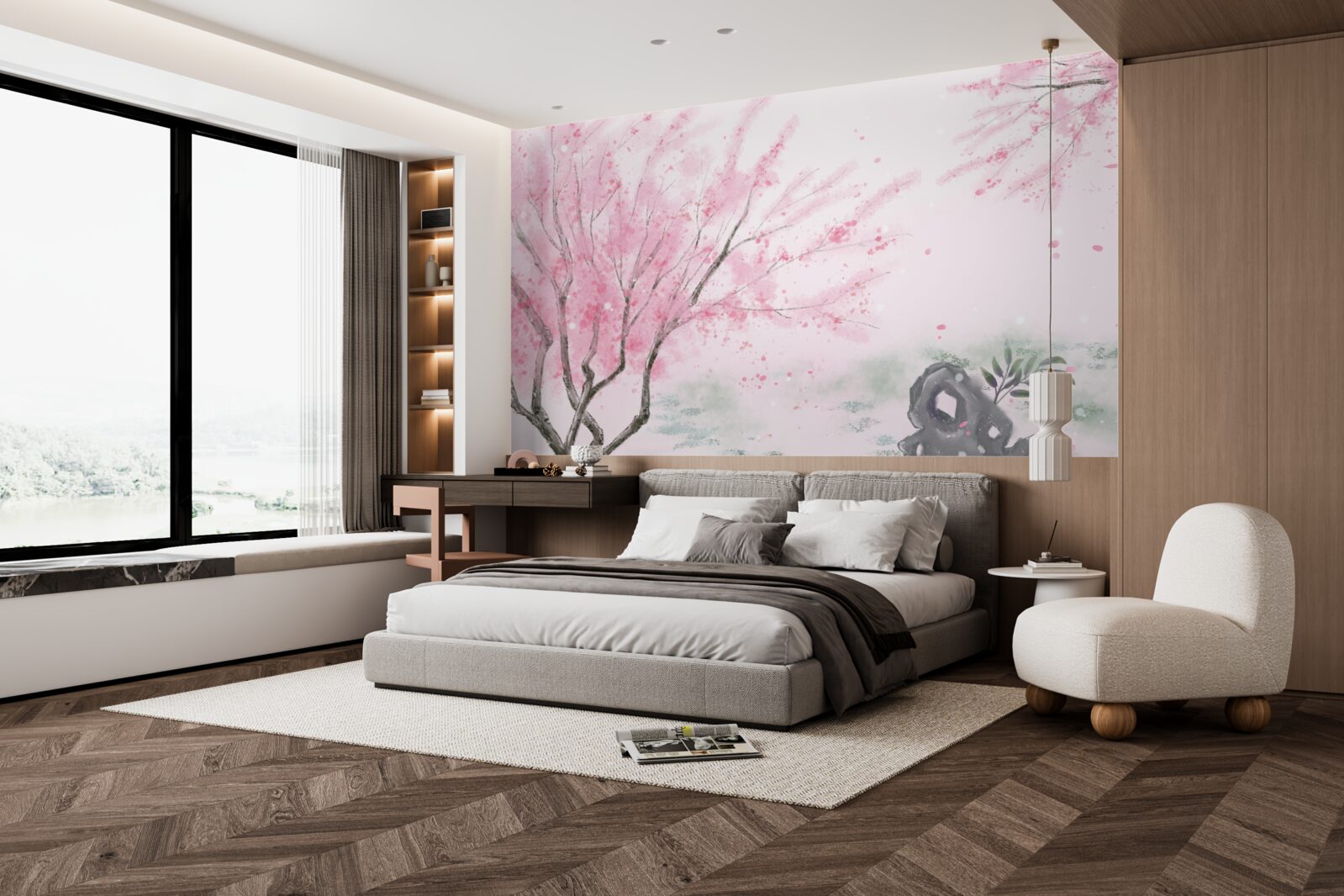 Fototapeta sakura pri jazierku je namaľovaná na ružovo