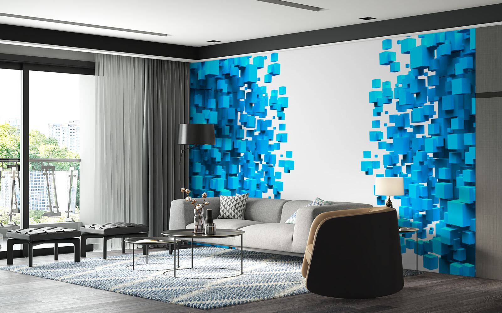 Fototapeta modré štvorce plávajúce v abstrakcii