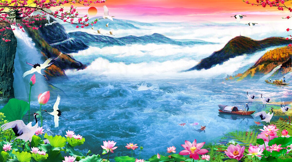 Fototapeta Pri západe slnka sú na úpätí horského vodopádu rybári