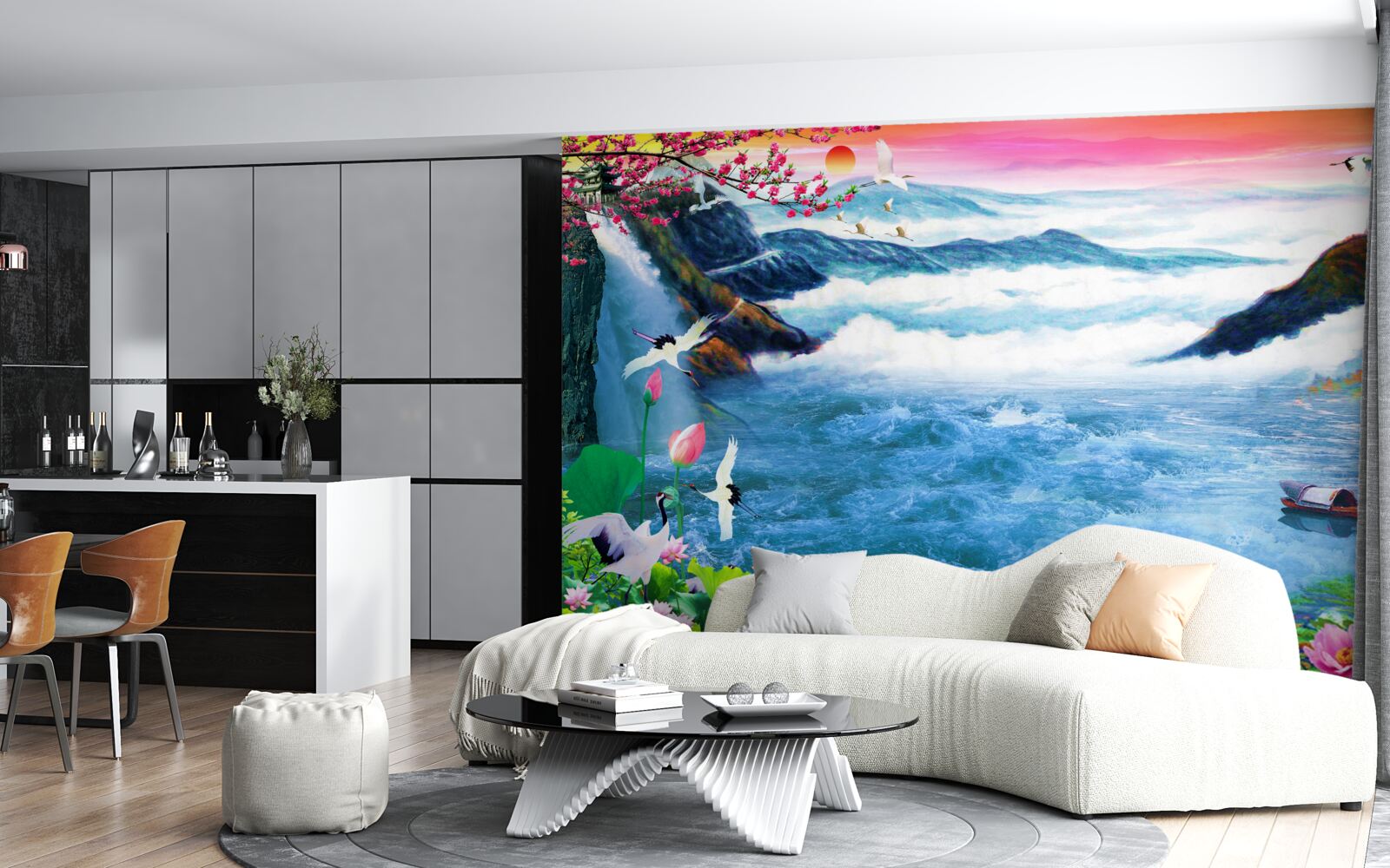 Fototapeta Pri západe slnka sú na úpätí horského vodopádu rybári