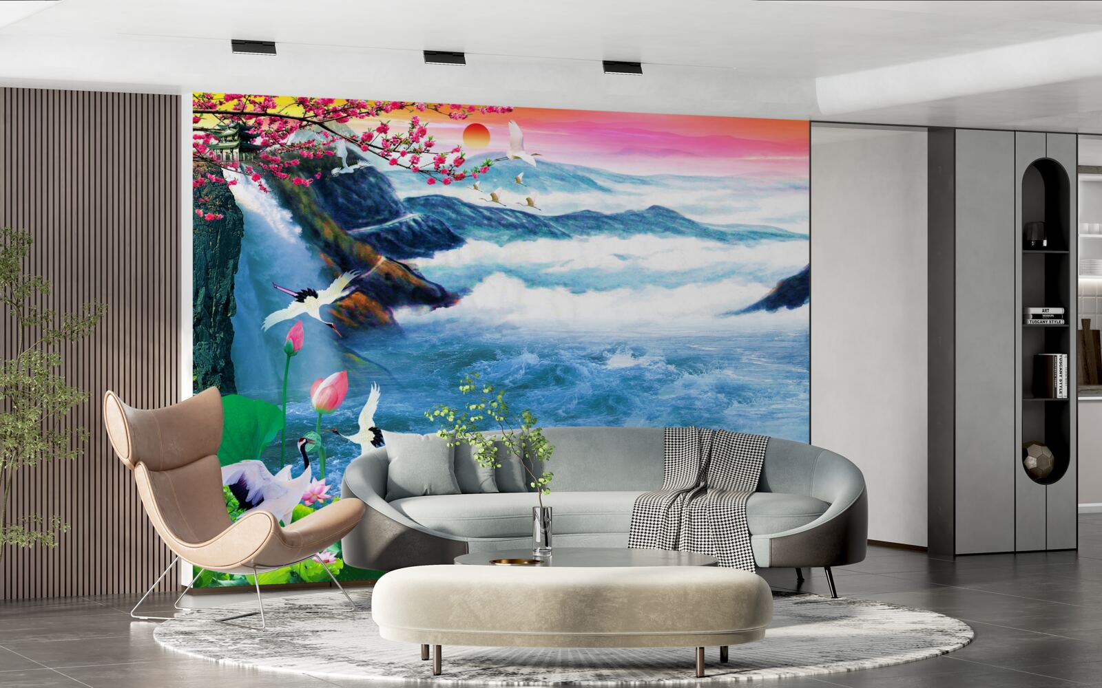 Fototapeta Pri západe slnka sú na úpätí horského vodopádu rybári