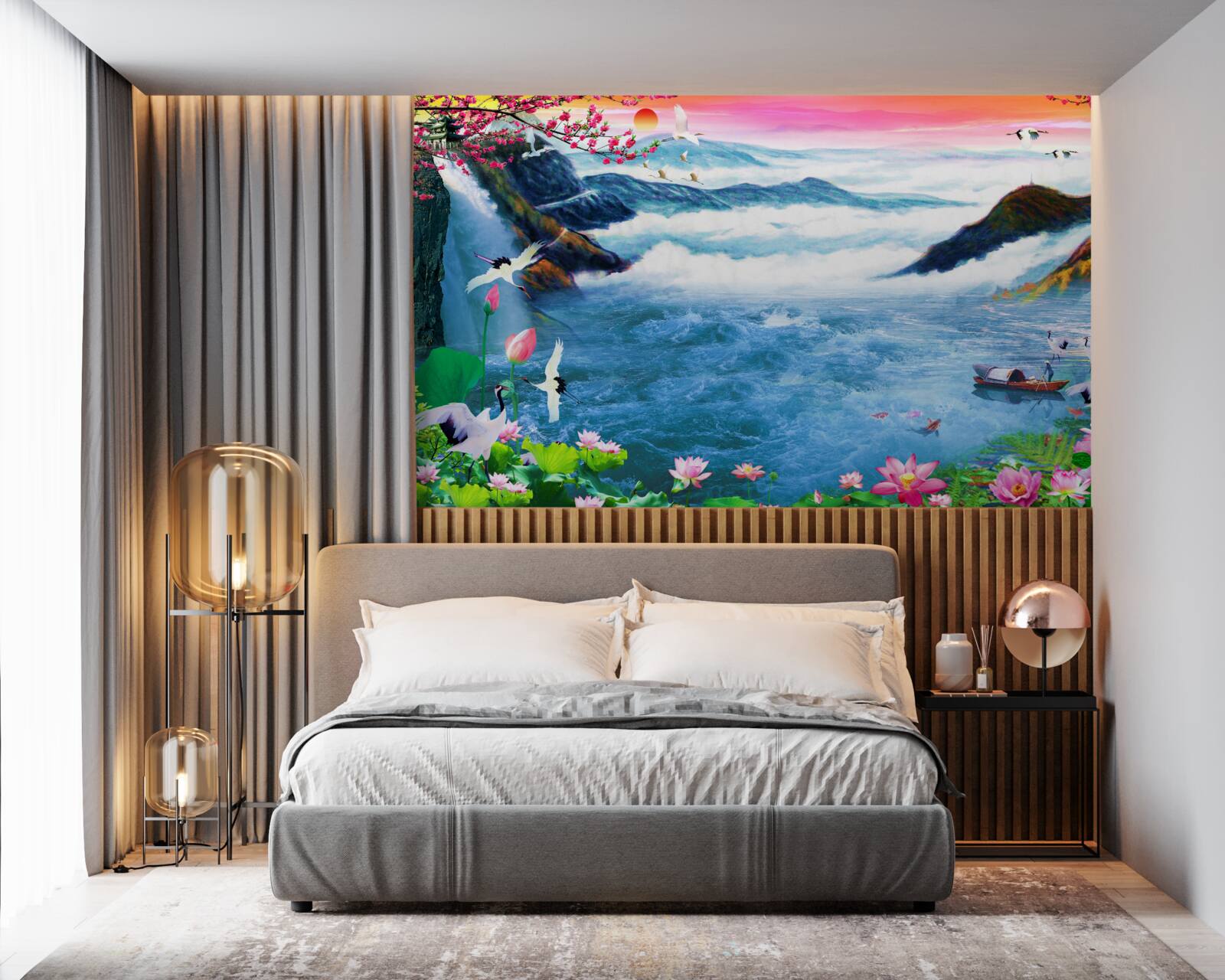 Fototapeta Pri západe slnka sú na úpätí horského vodopádu rybári