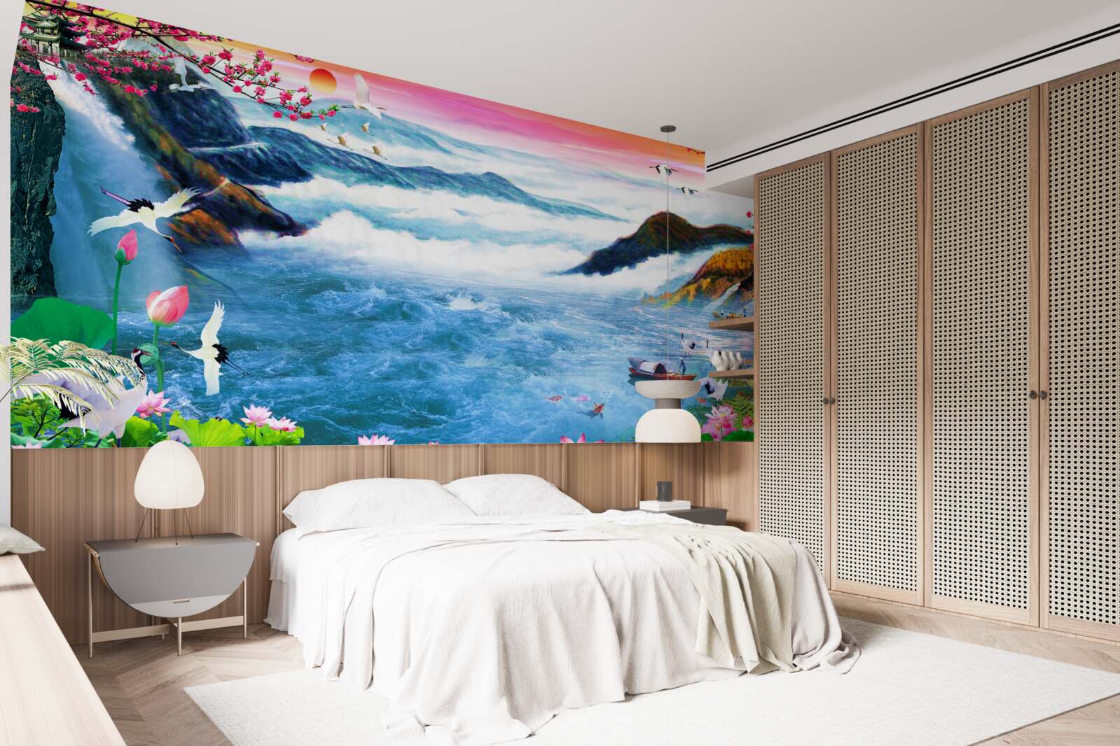 Fototapeta Pri západe slnka sú na úpätí horského vodopádu rybári