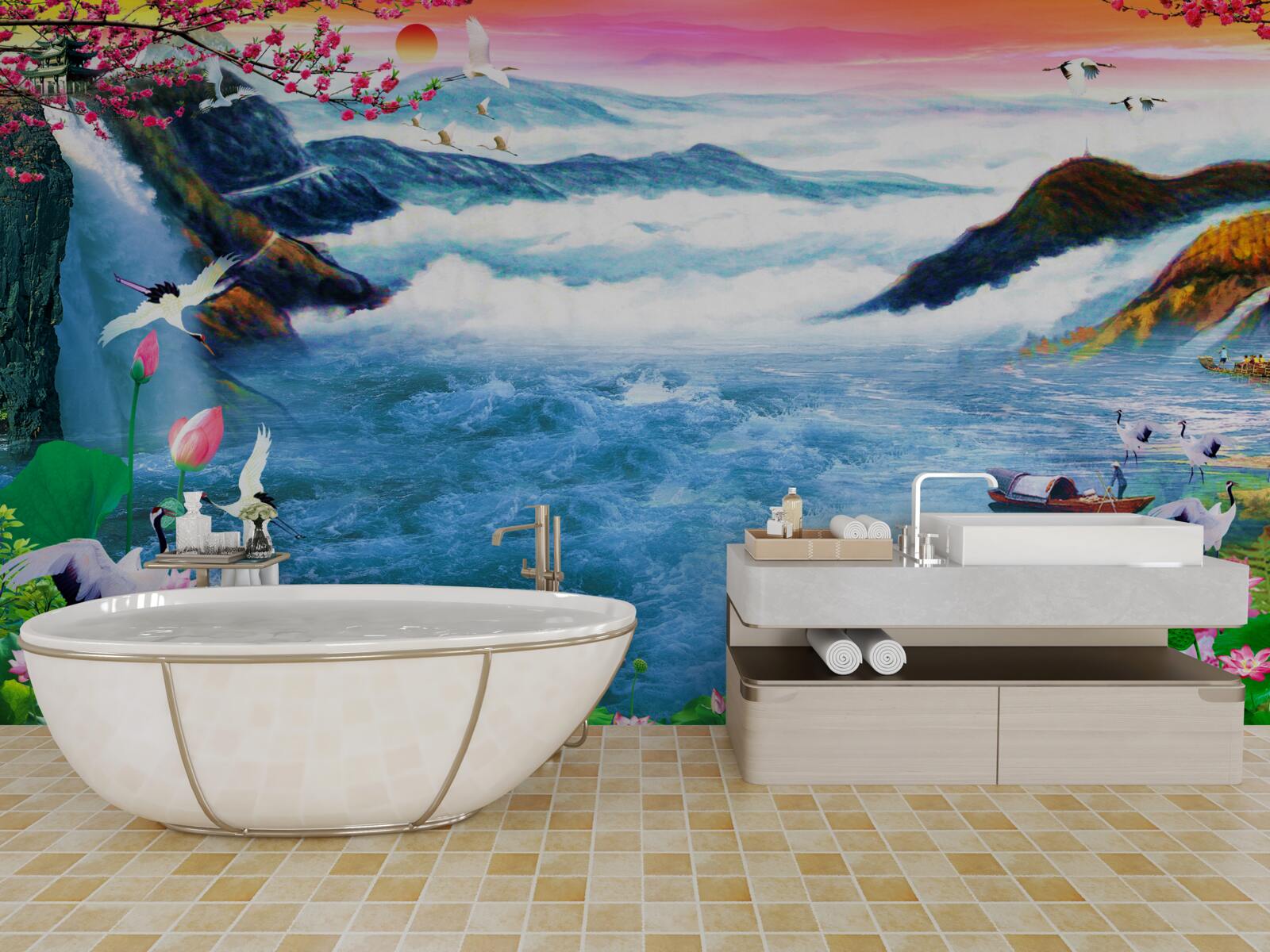 Fototapeta Pri západe slnka sú na úpätí horského vodopádu rybári